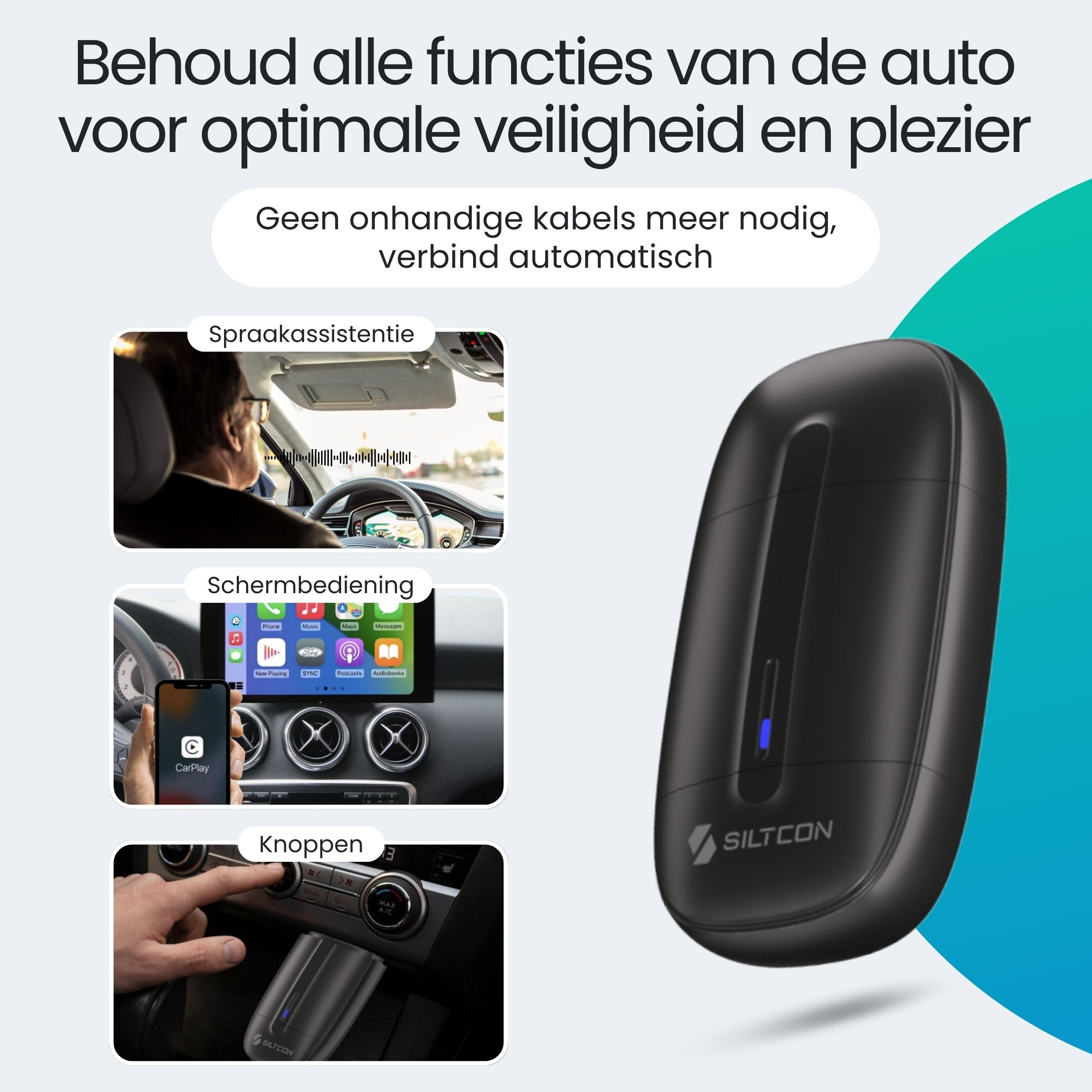 Productadvertentie voor de draadloze Siltcon auto-adapter, met drie insets die spraakassistentie, schermbediening en knoppen tonen.