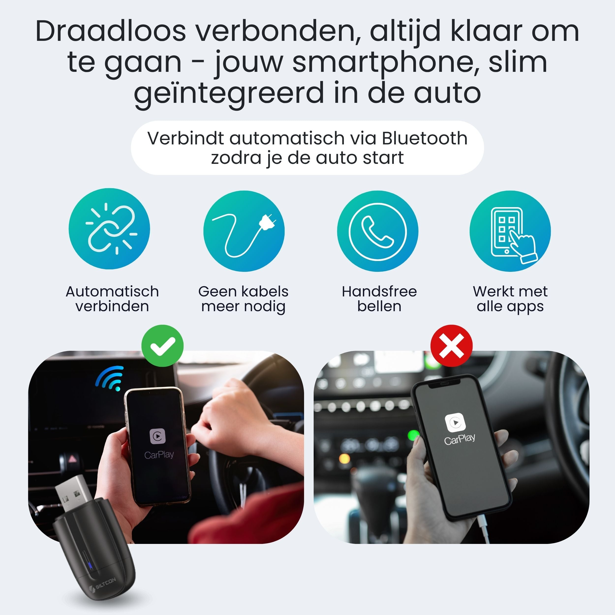 Infographic toont draadloze CarPlay met adapter, automatische verbinding en handen in een auto.