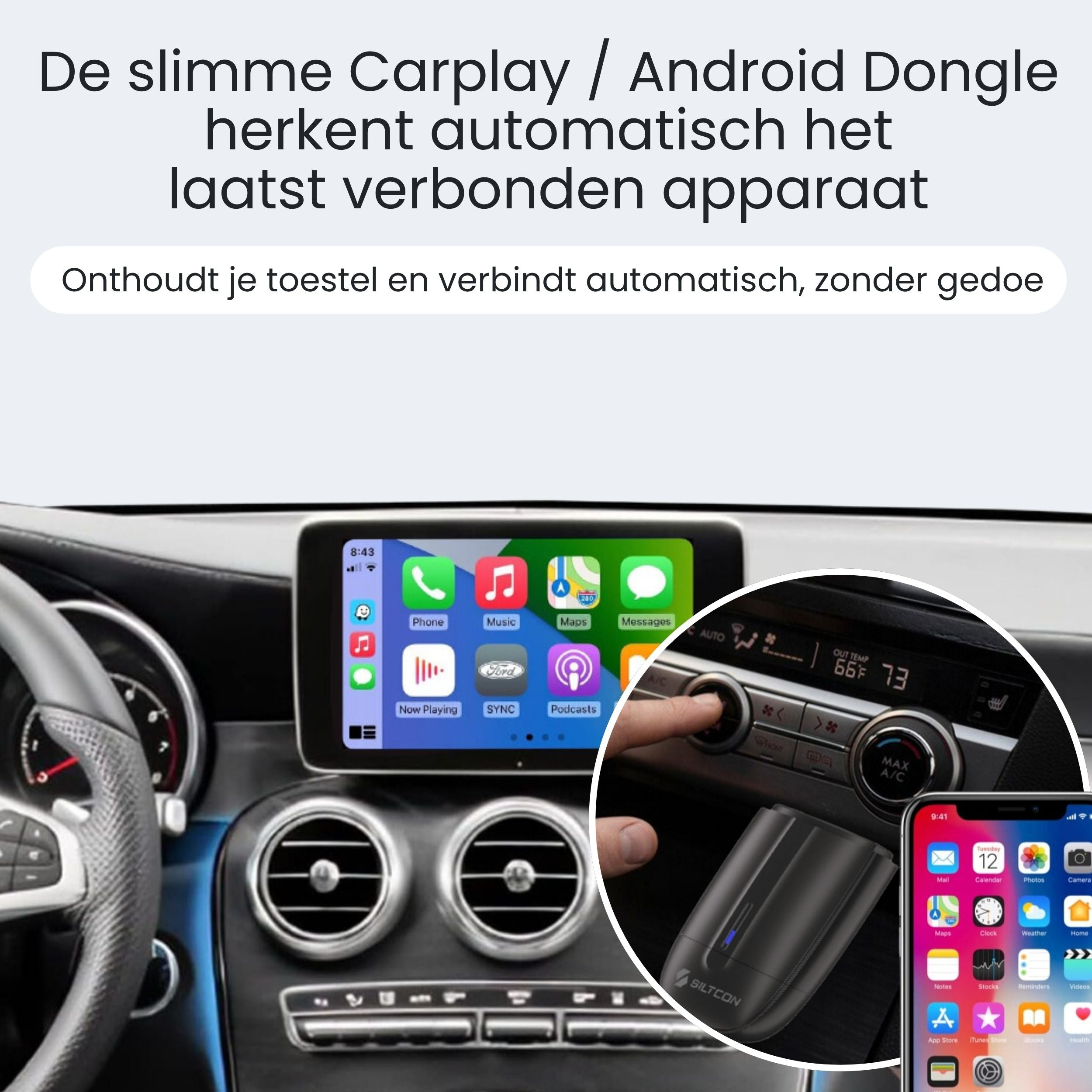 Een carplay dongle in een auto verbindt automatisch met de smartphone en toont apps op het scherm.