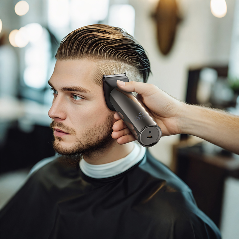 Un hombre recibe un corte de pelo con una maquinilla eléctrica negra en un salón.