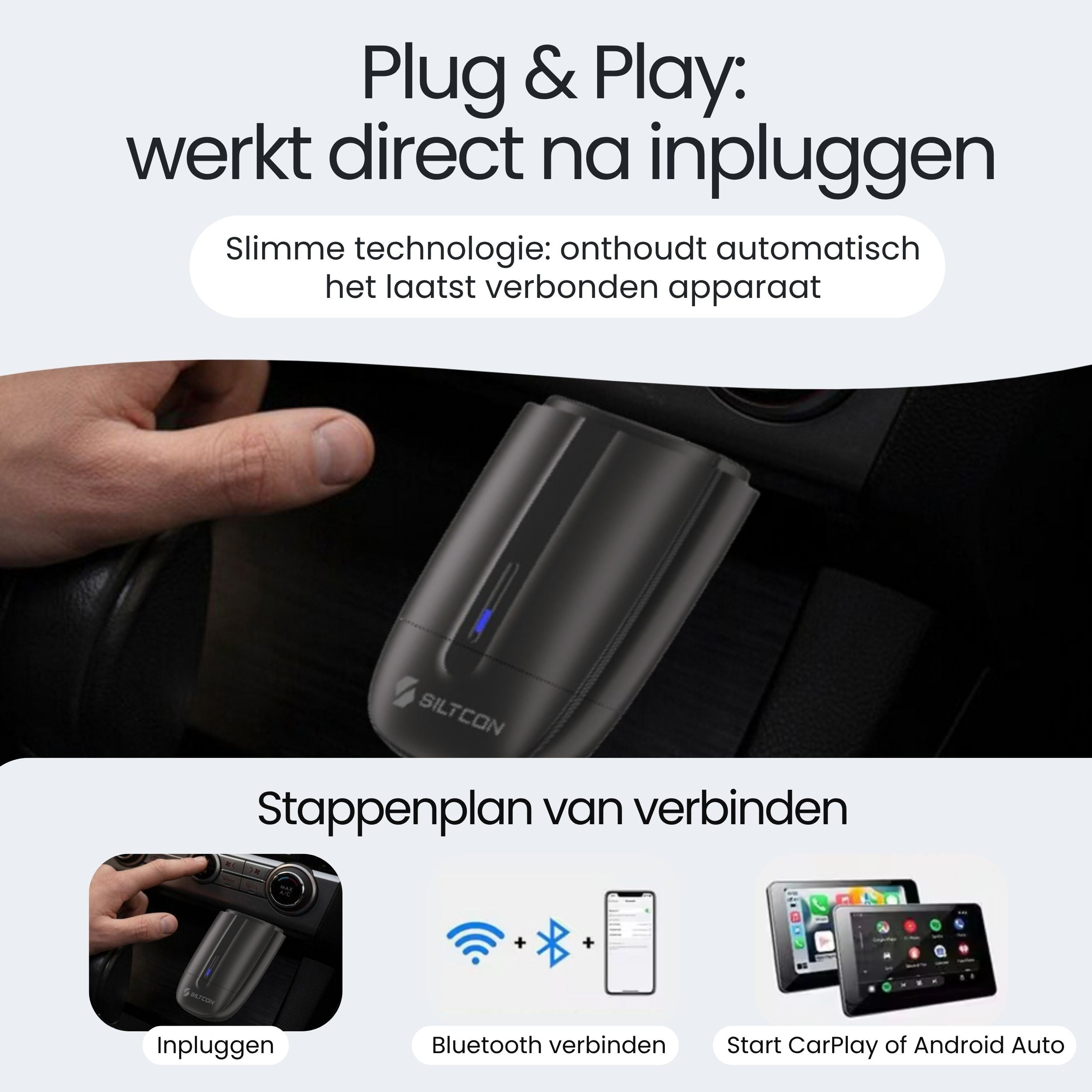 Plug and play auto-adapter voor CarPlay en Android Auto in drie eenvoudige stappen.