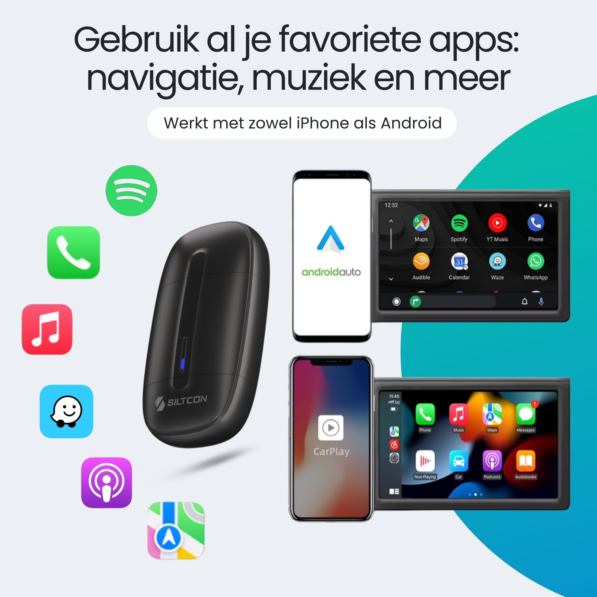 Een Siltcon-apparaat met smartphones en schermen die Android Auto- en CarPlay-apps tonen.
