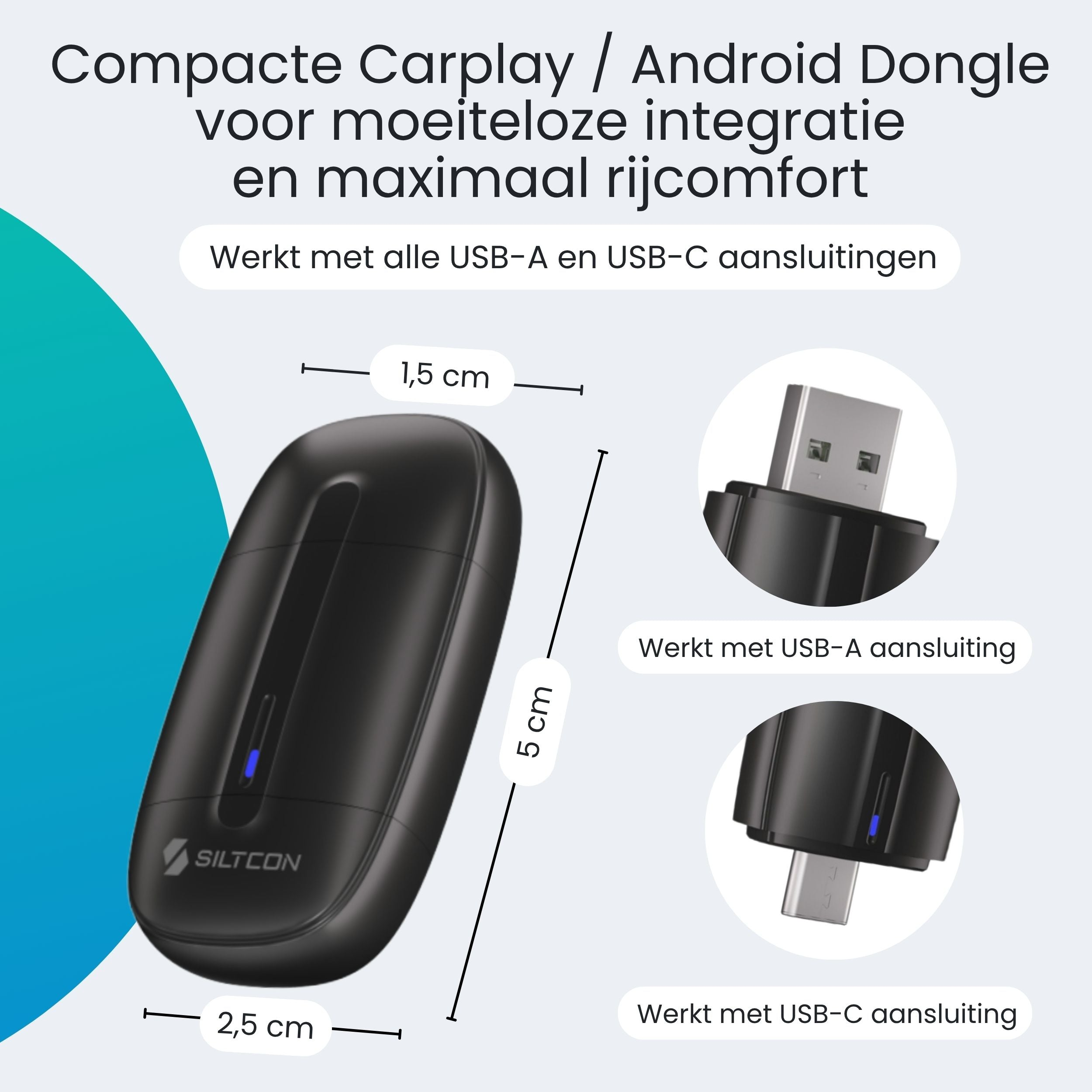 Zwarte Carplay dongle met USB-A en USB-C poorten, afmetingen 5x2,5x1,5 cm.