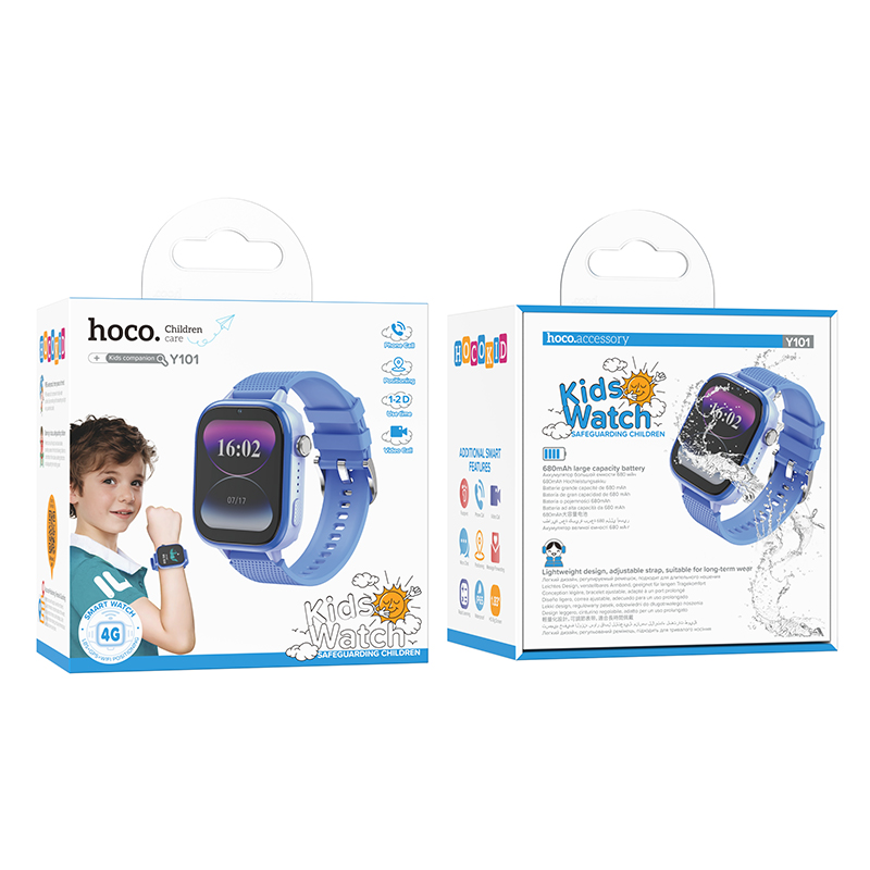 Dos cajas de producto de un reloj Hoco Kids azul con gráfico infantil.
