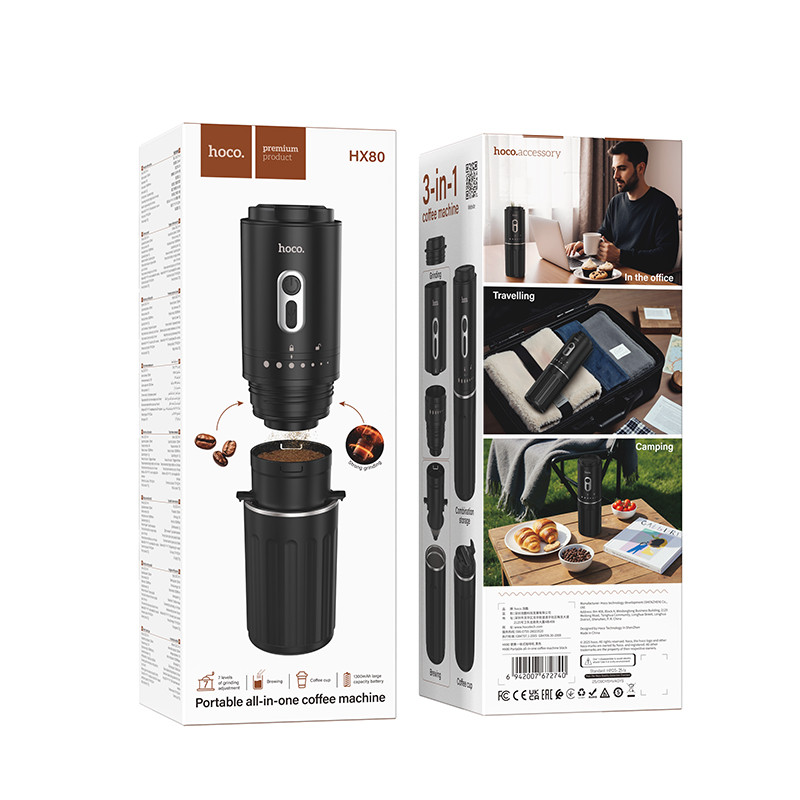 Embalaje de la cafetera portátil 3 en 1 hoco. HX80 con imágenes que muestran su uso en la oficina, viajes y camping.
