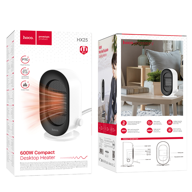 Embalaje de un calefactor de escritorio compacto de 600W con imágenes y detalles.