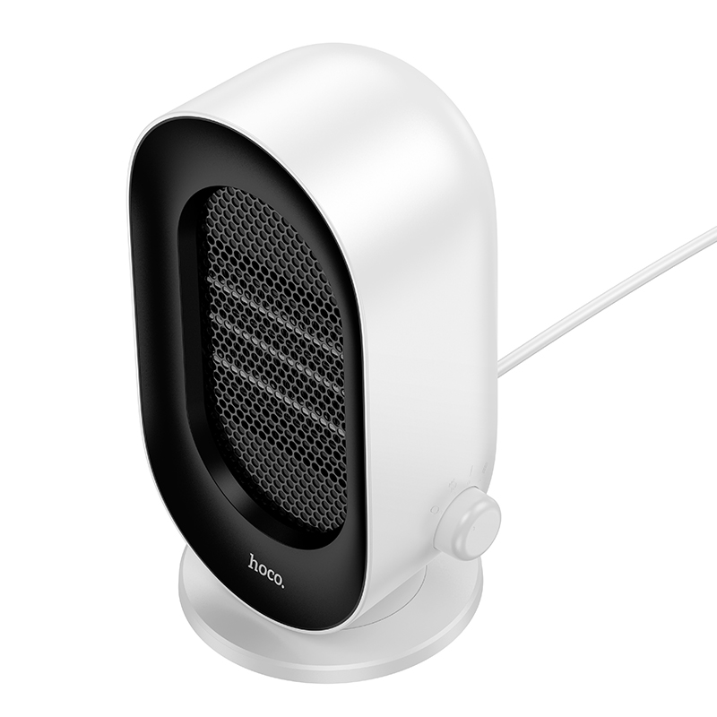 Un mini calefactor blanco y negro de Hoco con base redonda y cable de alimentación sobre fondo blanco.