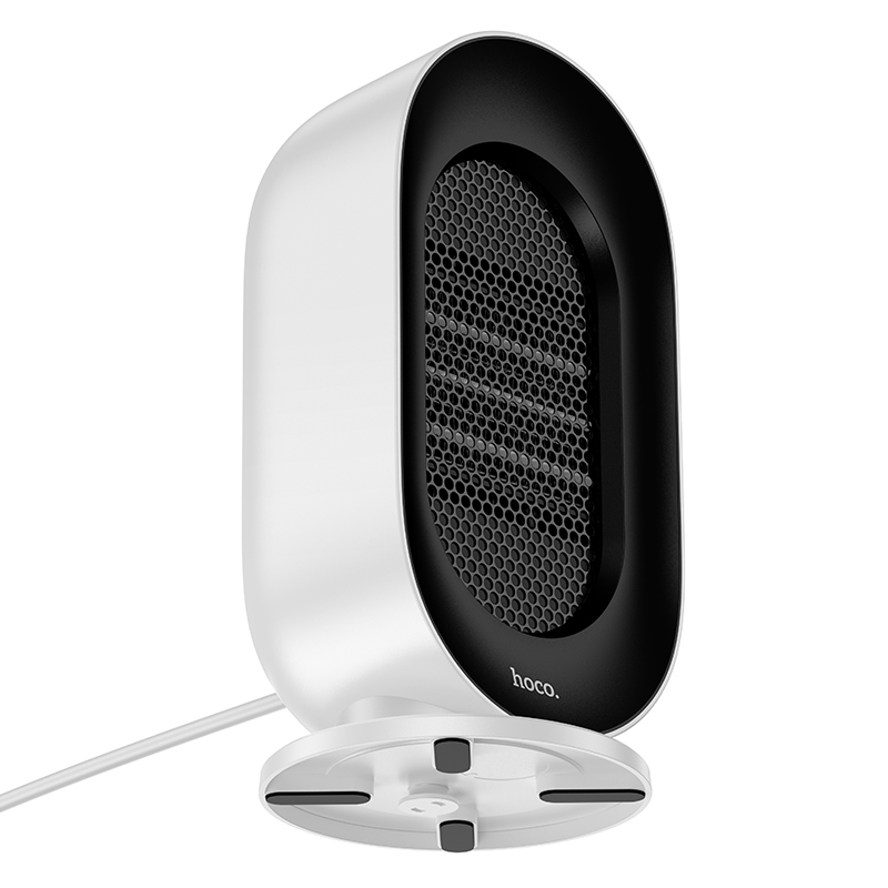 Un mini calefactor blanco y negro con base redonda y rejilla protectora sobre fondo blanco.