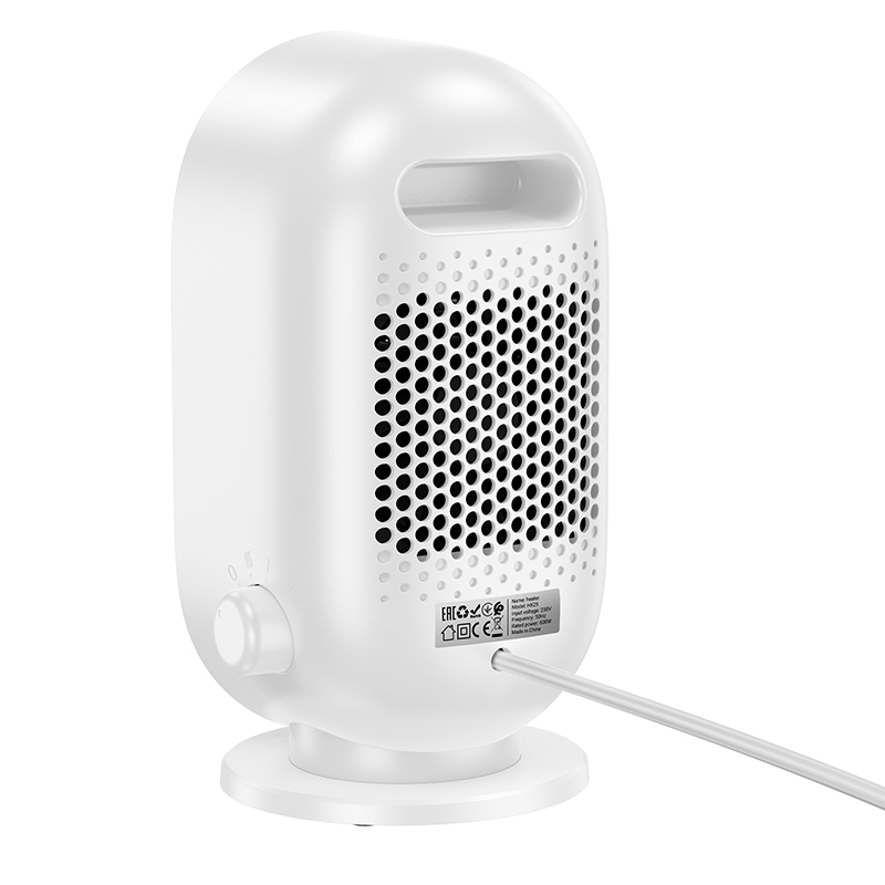 Un calefactor eléctrico portátil blanco que muestra su panel trasero con rejilla negra, perilla y cable.