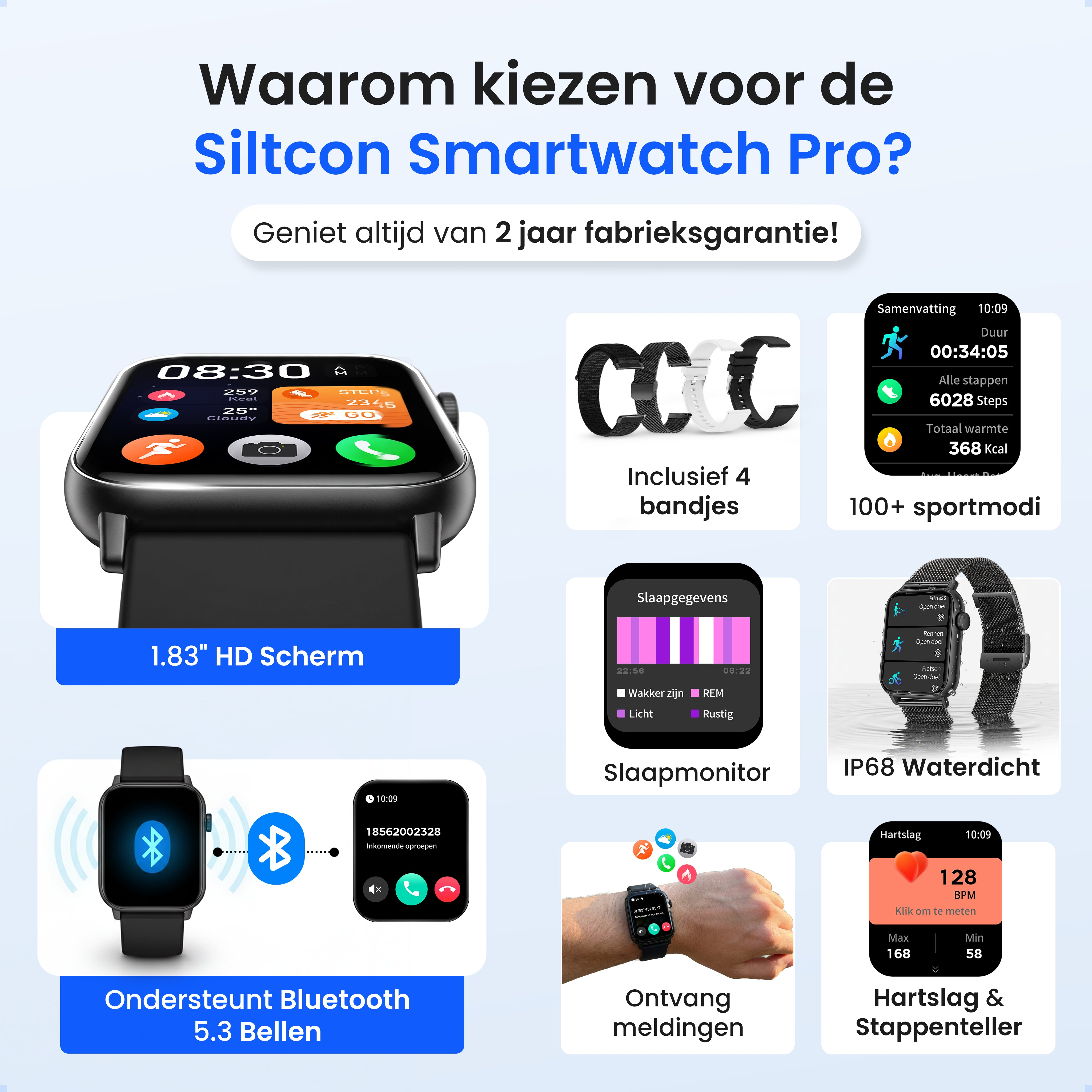 Promotional image for Siltcon Smartwatch Pro showing features like HD screen, Bluetooth calling, and water resistance.