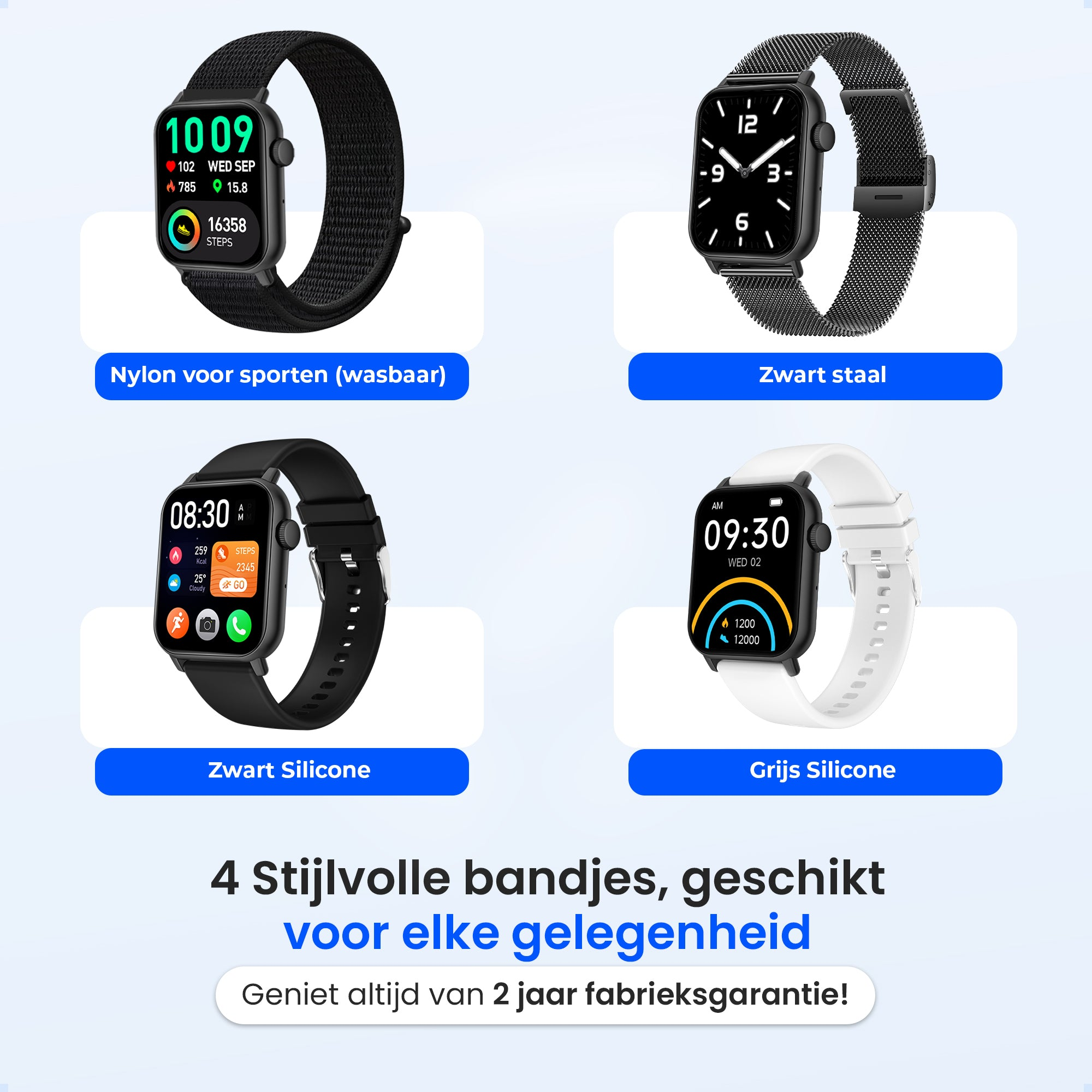 Four smartwatches with different bands: nylon, black steel, black silicone, and grey silicone.