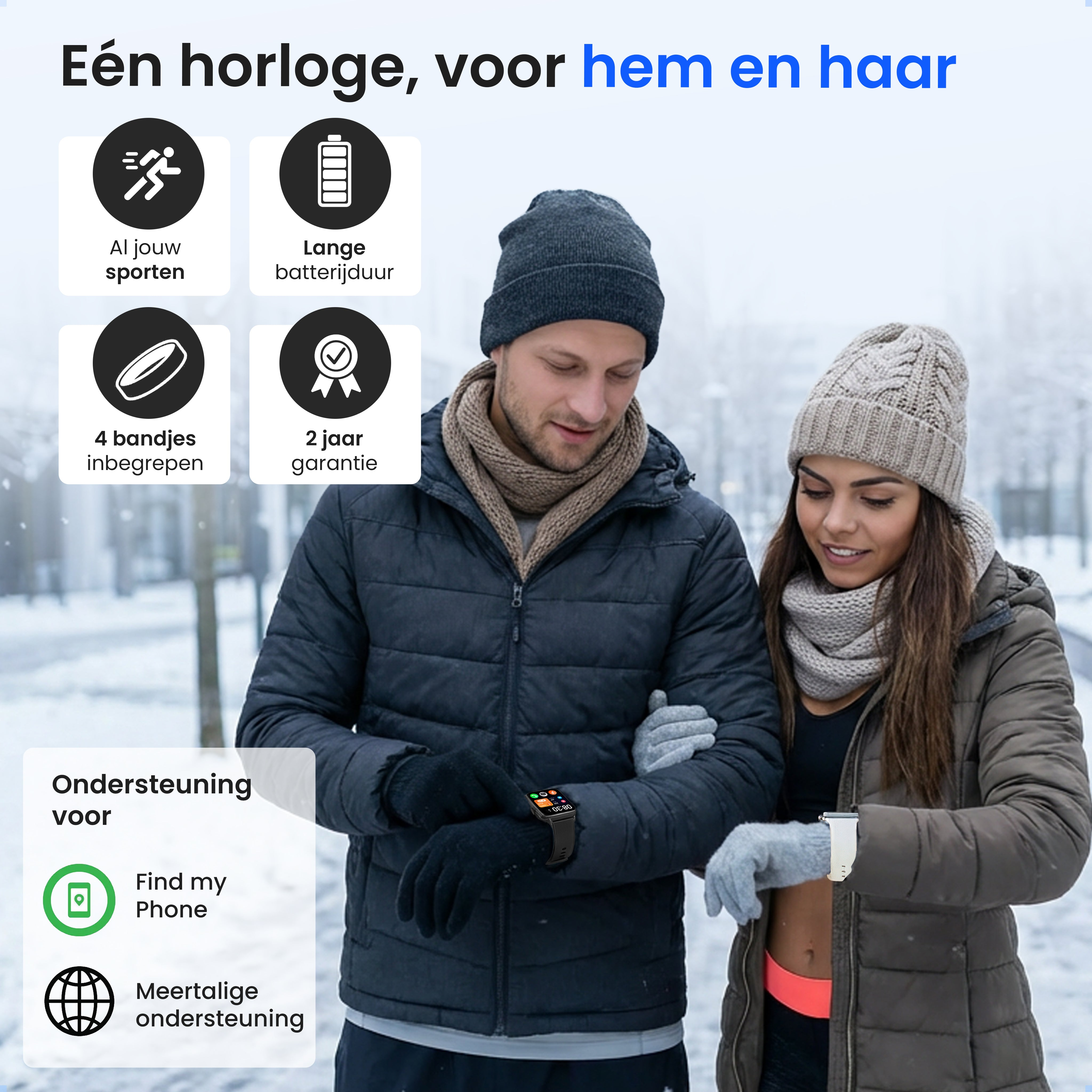 A couple in winter clothing outdoors, the man wears a smartwatch, and the image includes sales details.