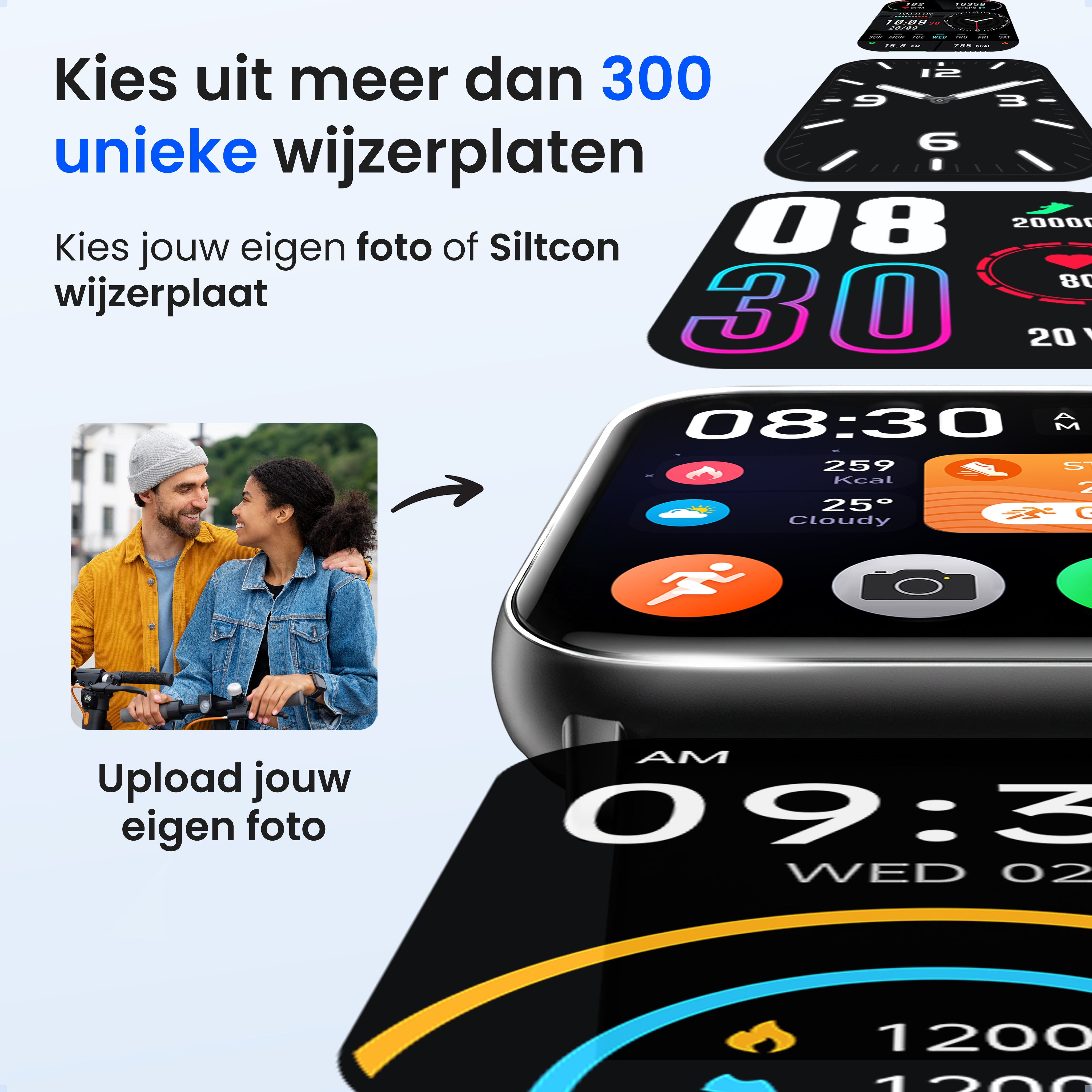 Promotional image for smartwatch faces featuring a personal photo upload option and various clock designs.