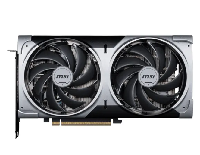 Una scheda grafica MSI argento e nera con due grandi ventole su sfondo bianco.