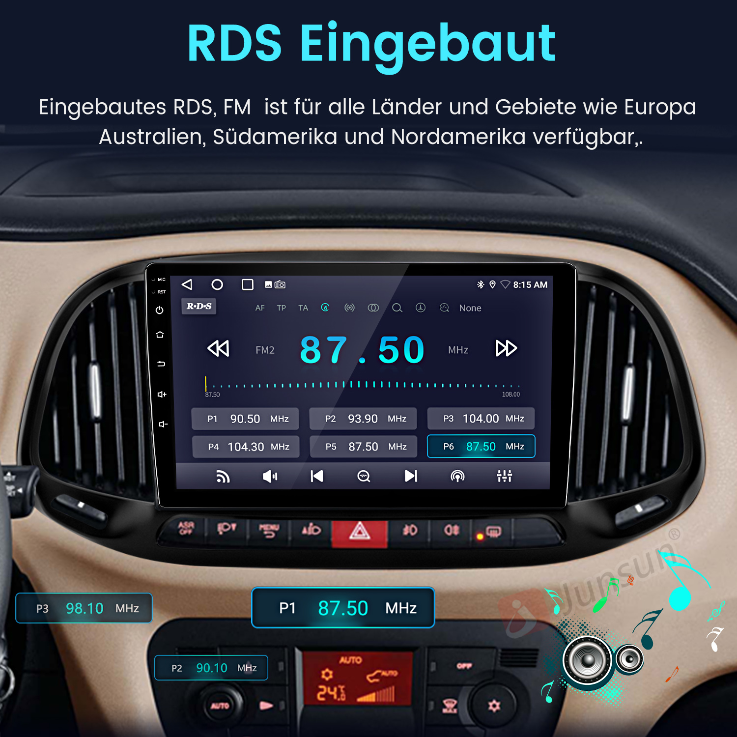 Cruscotto di un'auto con sistema di infotainment touchscreen che mostra una frequenza radio FM di 87,50 MHz.