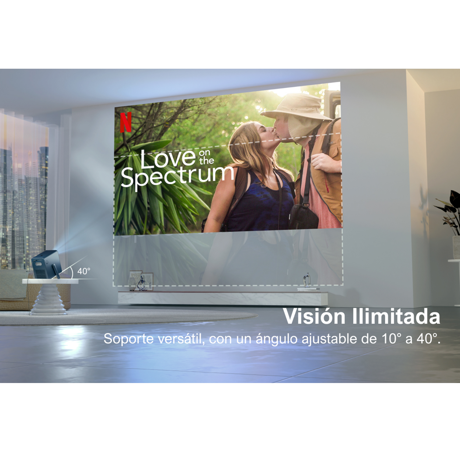 Un proyector muestra a una pareja besándose en una pared, con texto sobre soporte versátil y visión ilimitada.
