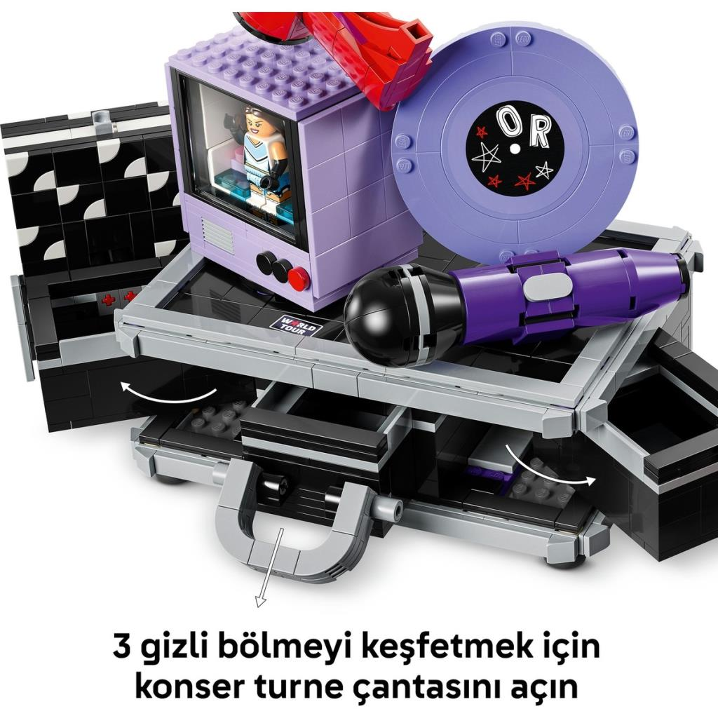 Televizyon, plak ve mikrofon içeren Lego konser turnesi çantası.