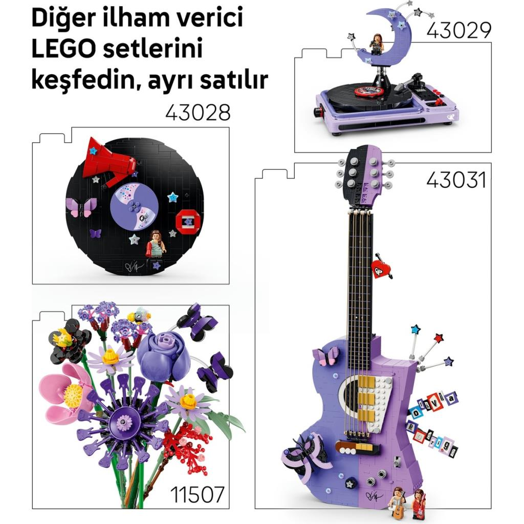 Plaklar, gitar, çiçekler ve bir pikap içeren dört farklı LEGO seti.