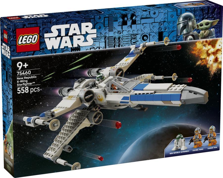 Uzayda uçan beyaz ve mavi gemi ile minifigürleri gösteren Lego Star Wars New Republic X-Wing Starfighter kutusu.