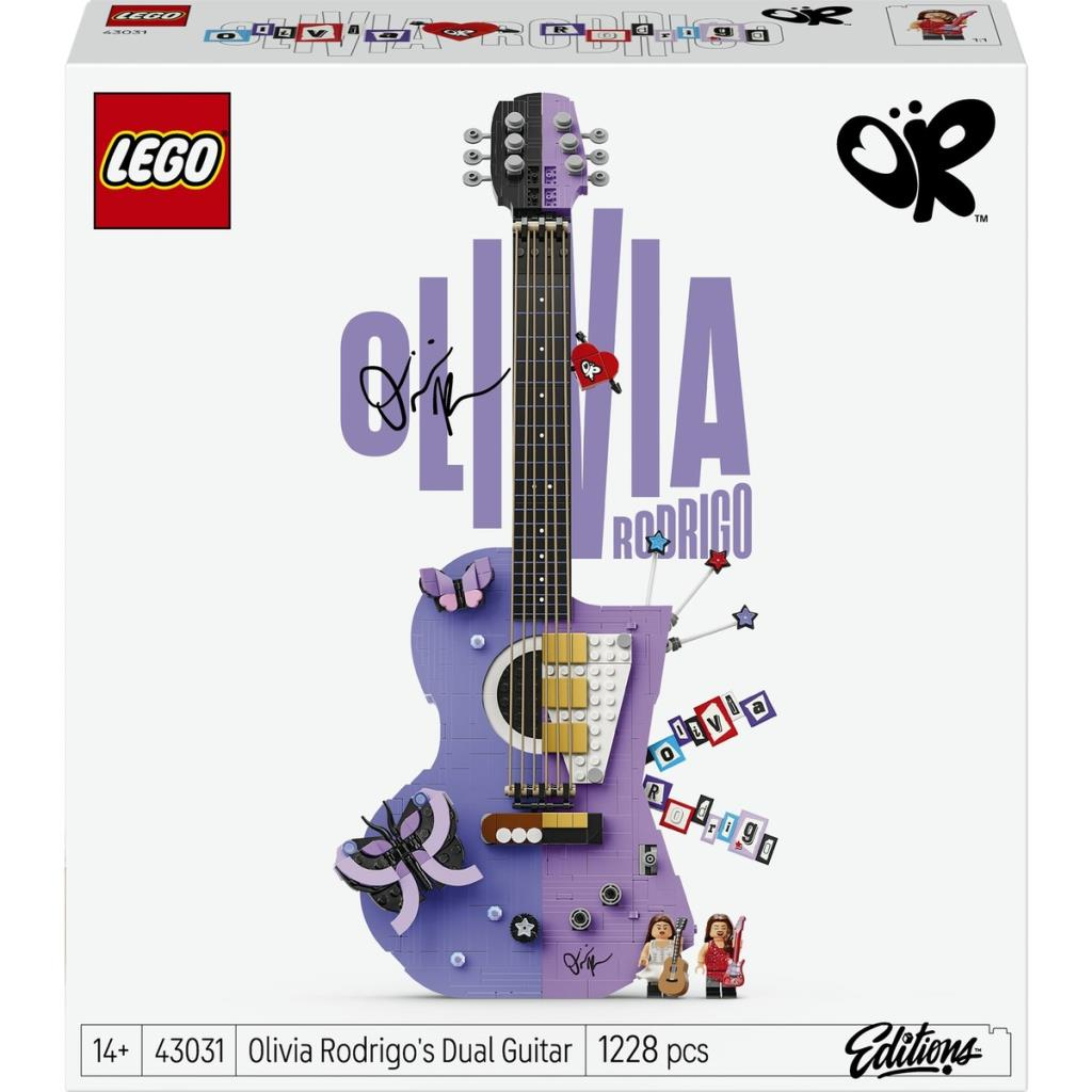 Olivia Rodrigo'nun kelebekli ve figürlü mor ve gri elektrikli gitarının Lego seti.