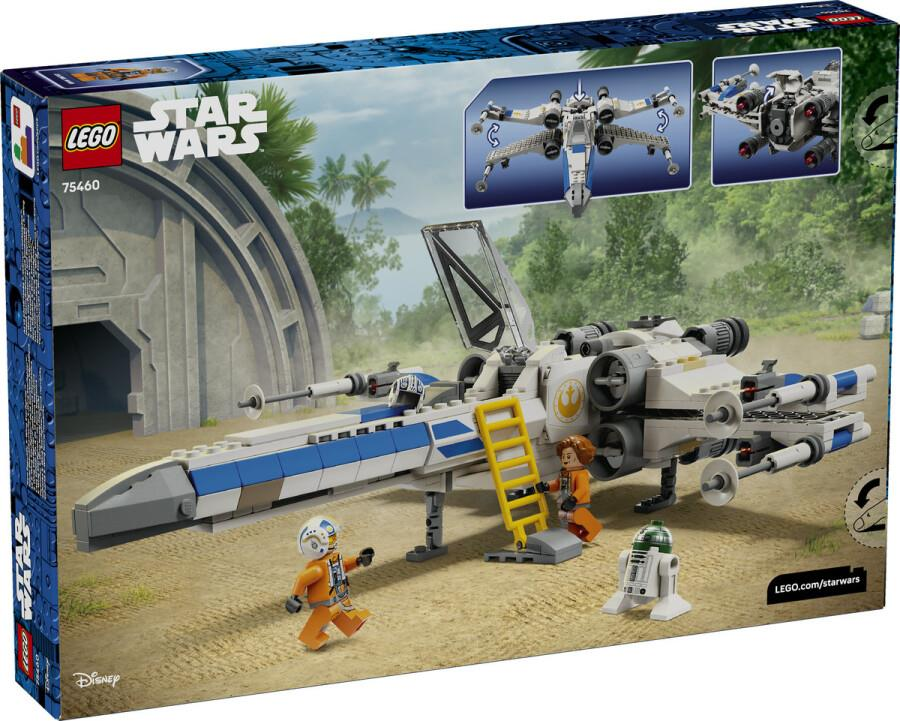Kumlu zeminde X-wing yıldız savaşçısı, minifigürler ve bir droid gösteren LEGO Star Wars 75460 seti.