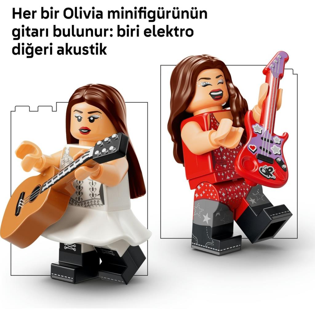 İki Olivia Lego minifigürü; biri akustik gitar, diğeri kırmızı bir elektro gitar tutuyor.