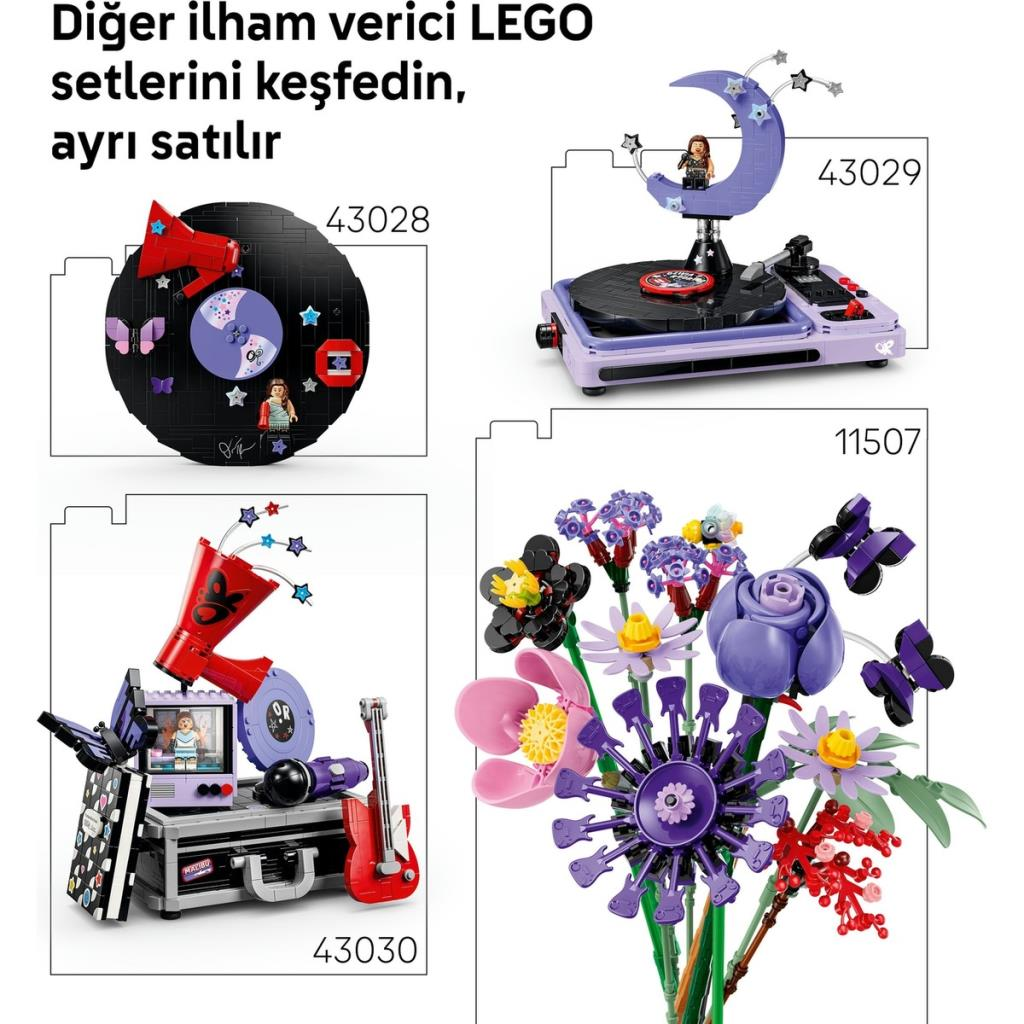 Panellerde gösterilen dört farklı LEGO seti: müzik temalı yapılar ve çiçek buketleri.