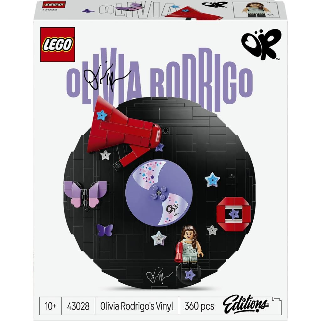 Set in scatola LEGO Olivia Rodrigo Vinyl con elementi in vinile nero, un megafono rosso e una minifigure.