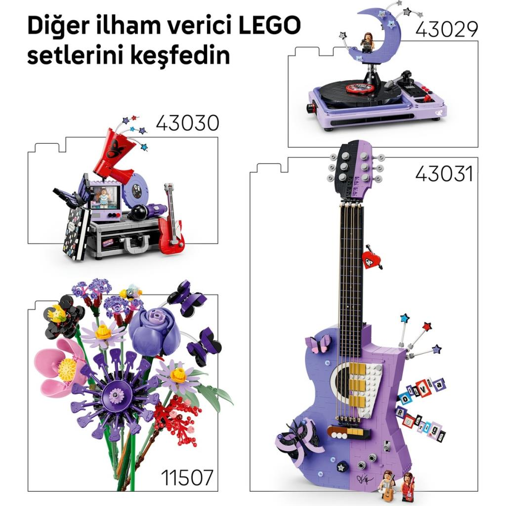 Pikap, gitar, çiçekler ve aksesuarlı bir bavul içeren çeşitli LEGO setleri.