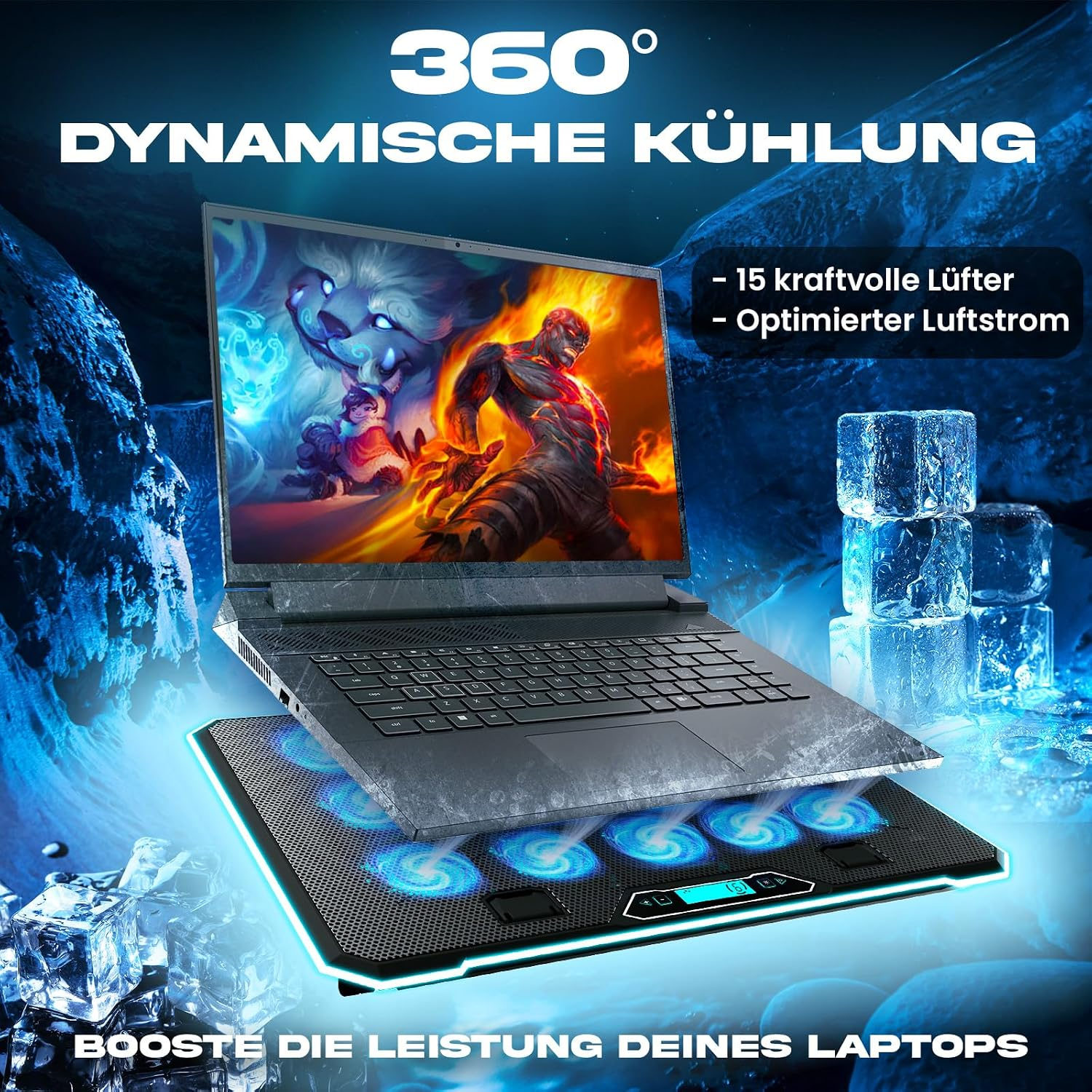 Ein Gaming-Laptop auf einem blau leuchtenden Kühlpad vor eisigem Hintergrund.