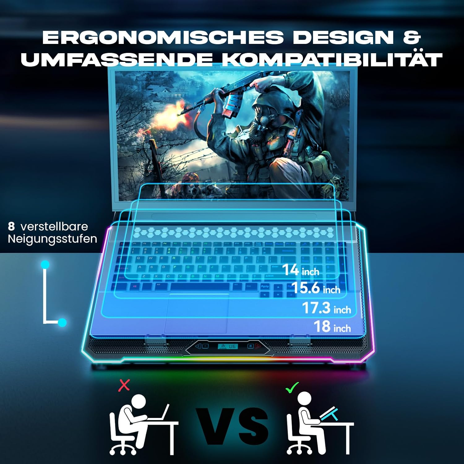 Gaming-Laptop auf einem RGB-beleuchteten Ständer, der ergonomisches Design und Kompatibilität zeigt.