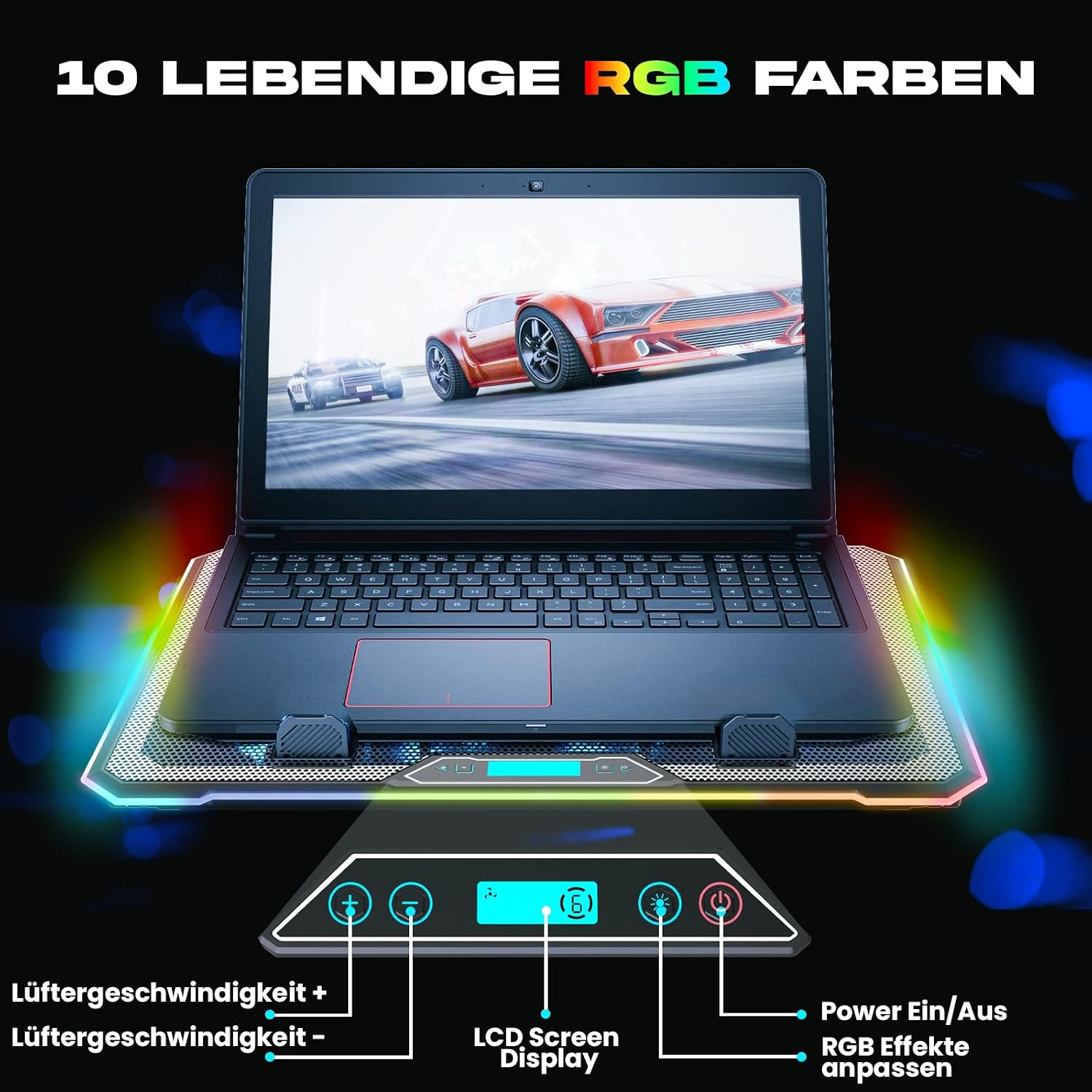 Ein Laptop auf einem RGB-Kühlpad mit Rennspiel-Bildschirm und deutscher Tastenbeschriftung sowie Funktionsdiagramm.