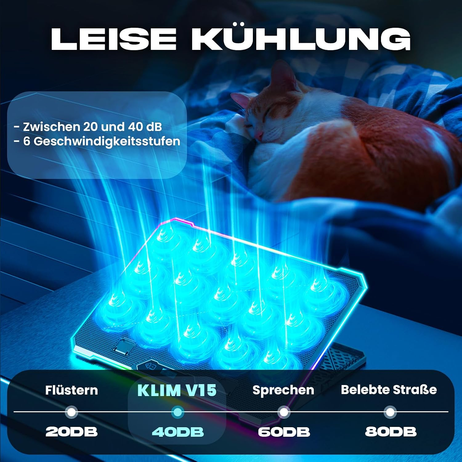 Eine leise Laptop-Kühlung mit blauer Beleuchtung und Text über leise Kühlung sowie eine Katze im Hintergrund.