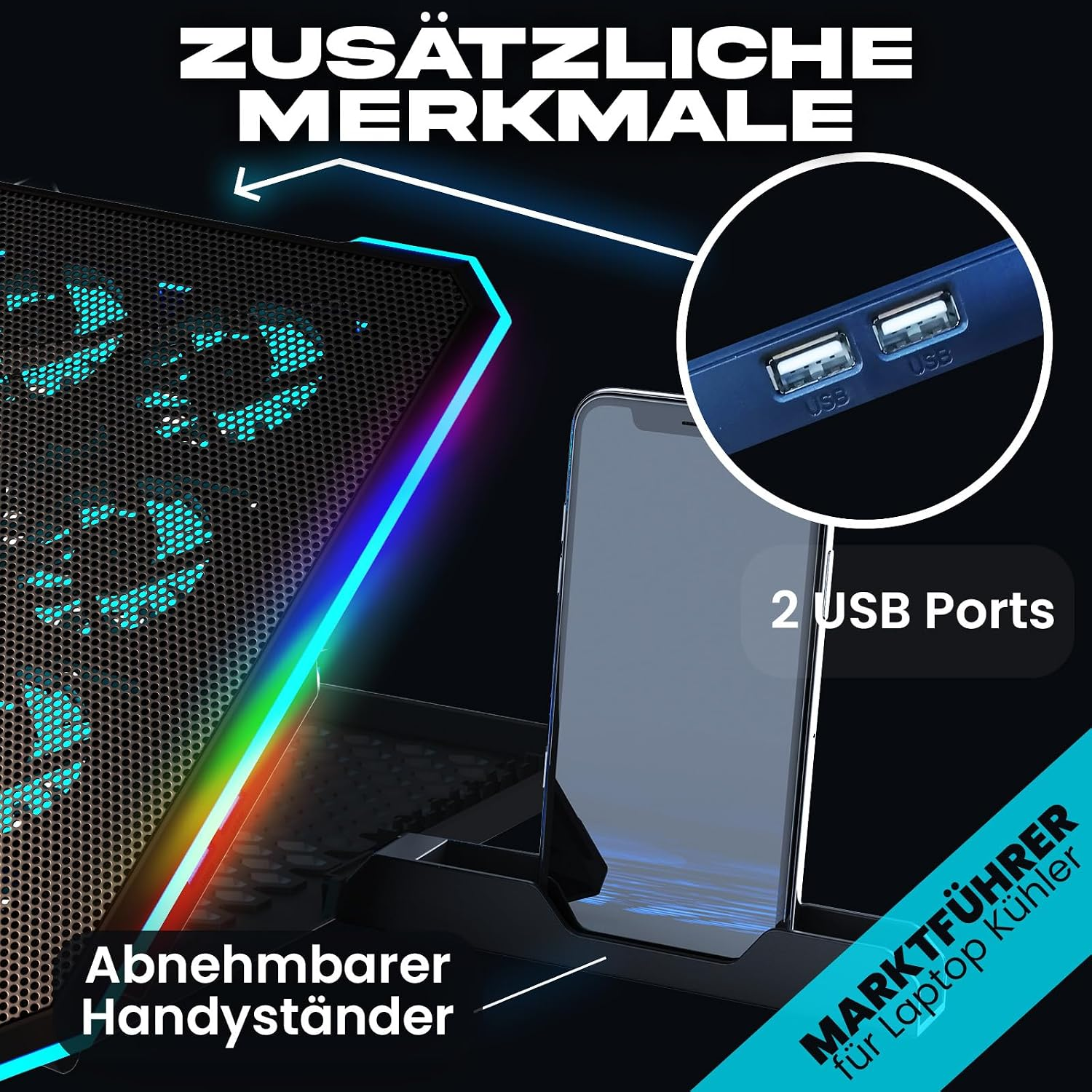 Laptop-Kühler mit blauer LED, zwei USB-Anschlüssen und abnehmbarem Handyständer auf schwarzem Hintergrund.