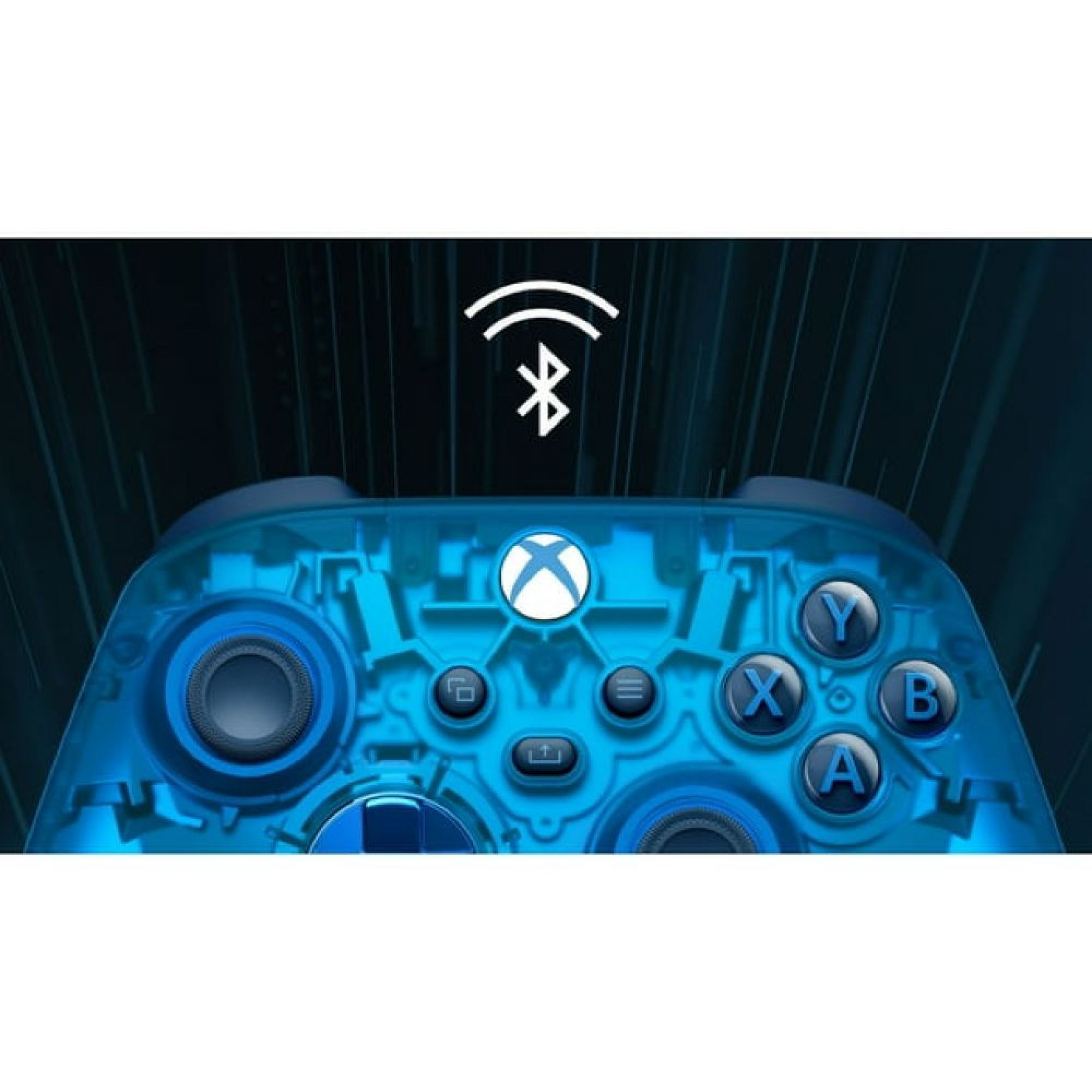 Ein blauer Xbox-Controller mit Bluetooth-Symbol darüber vor einem dunklen Hintergrund.