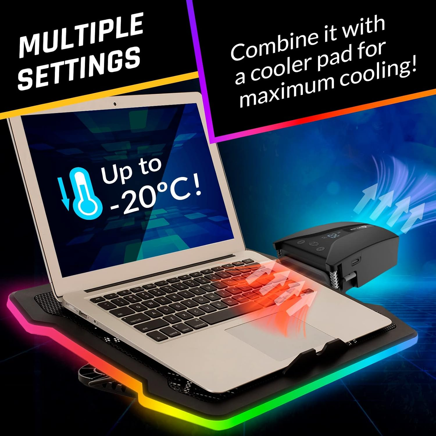 Ein Laptop auf einem leuchtenden Kühlpad mit externem Kühler und Temperaturabfall-Grafik.