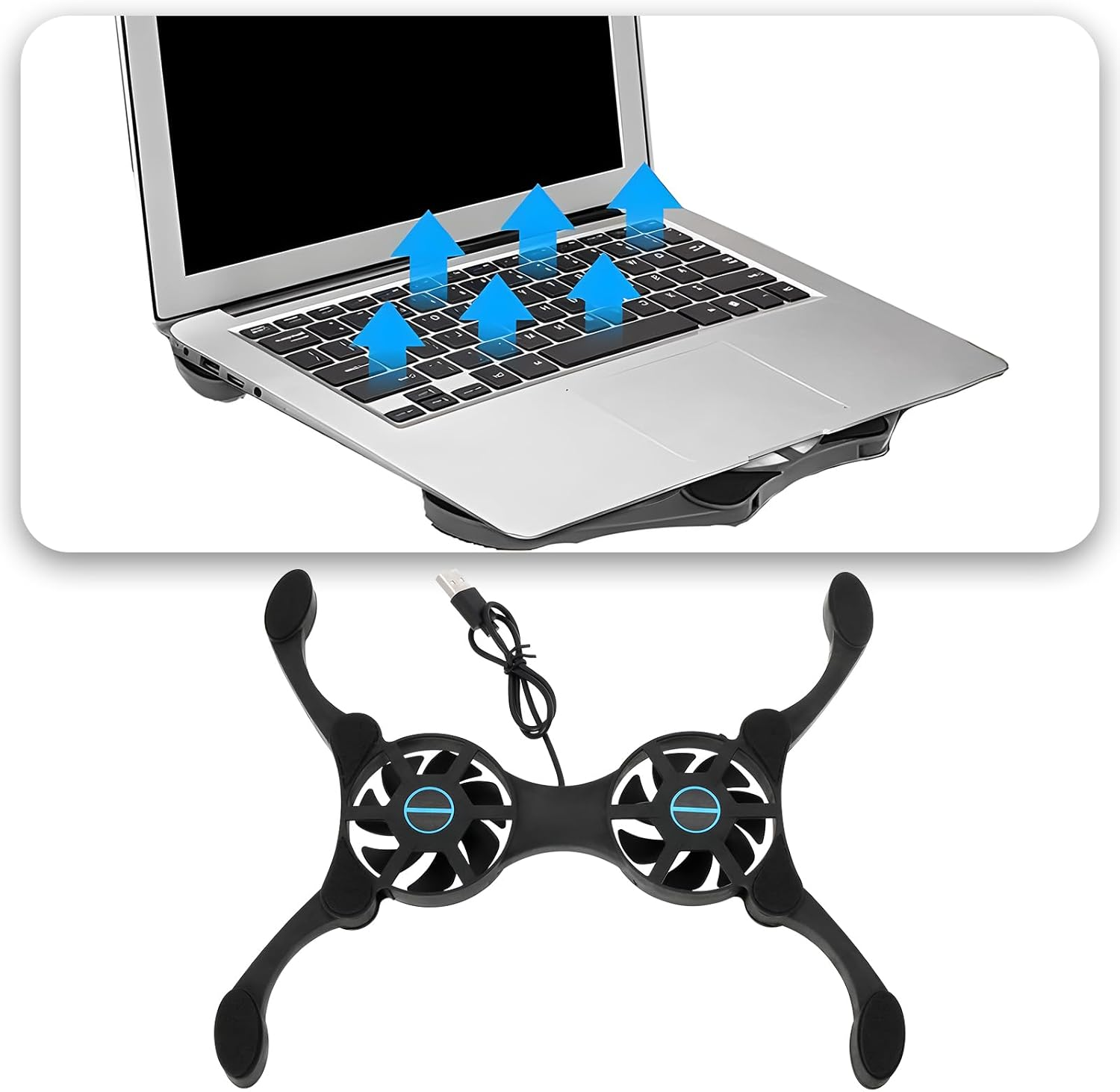 Ein Laptop auf einem Kühlpad mit blauen Luftstrompfeilen, unten das Kühlpad isoliert.