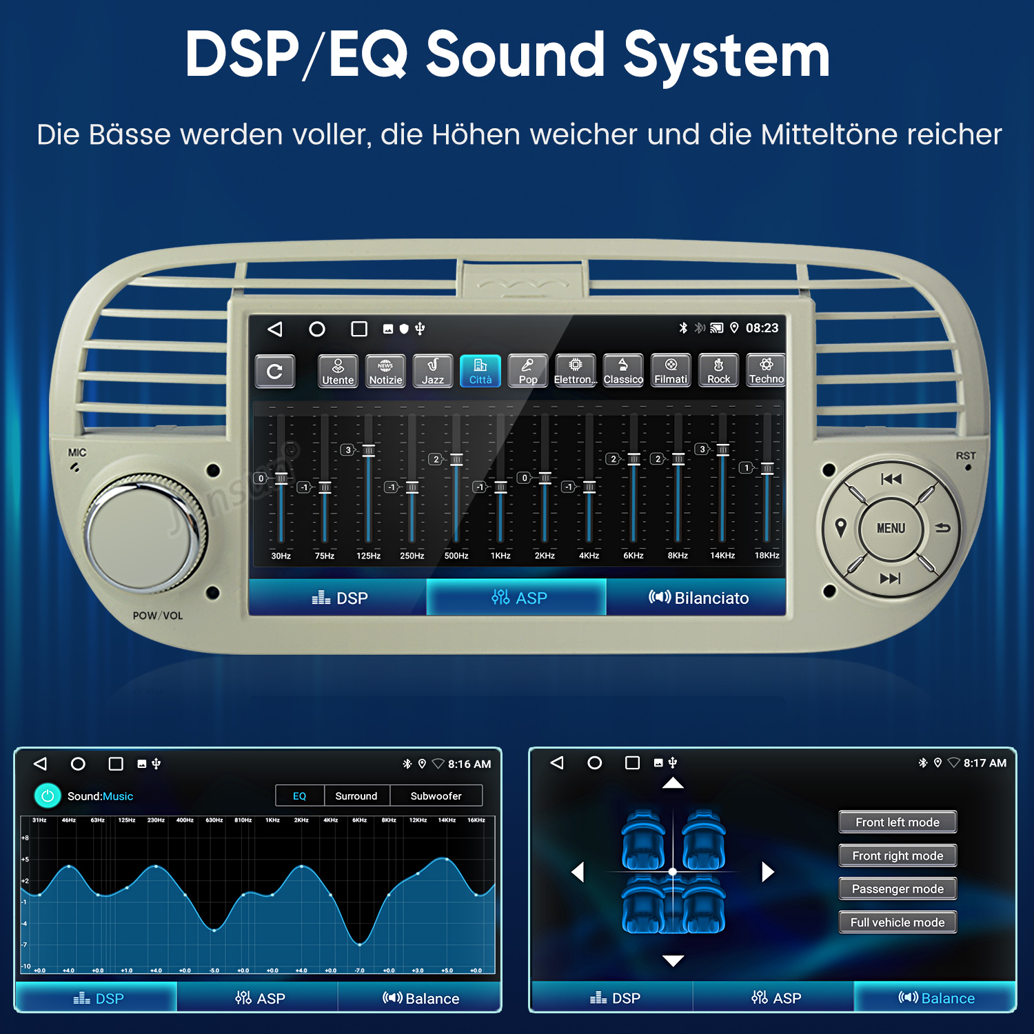 Sistema stereo per auto con equalizzatore touchscreen e due schermi più piccoli sotto, circondato da bocchette d'aria.
