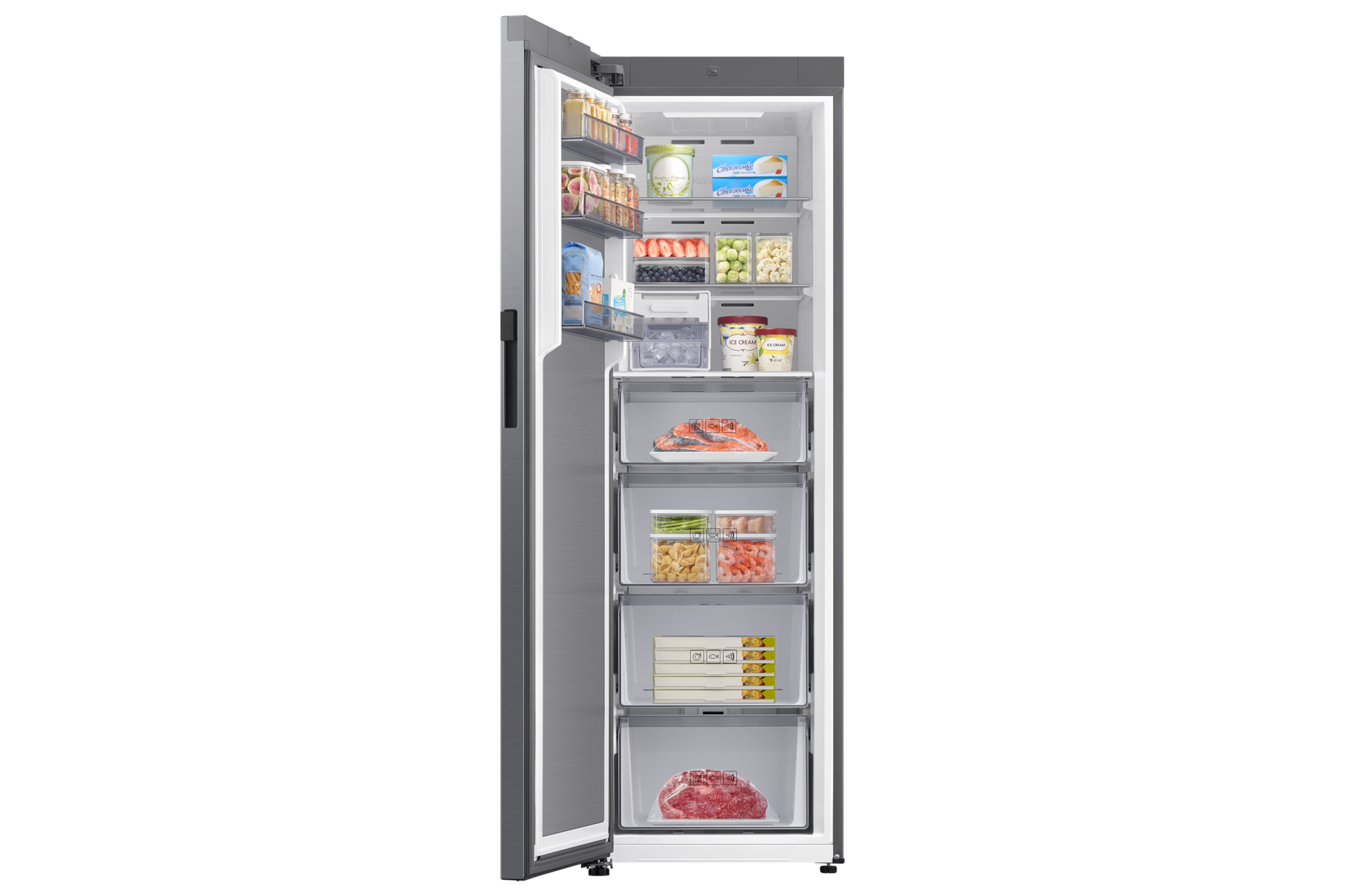 Ein offener, silberner Gefrierschrank gefüllt mit Lebensmitteln wie Obst, Gemüse, Fleisch und Eiscreme.
