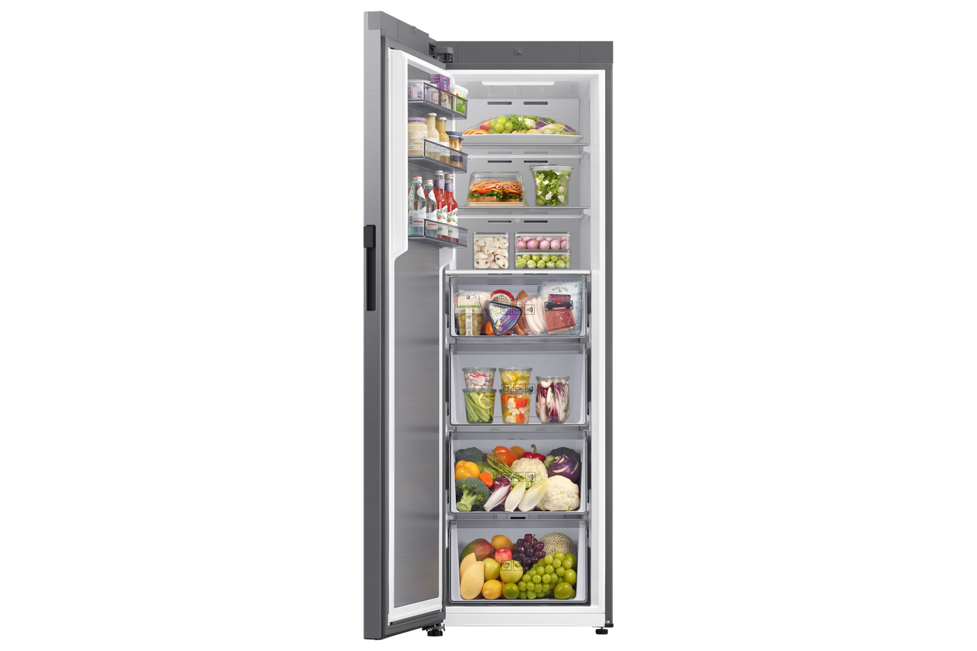 Ein offener silberner Kühlschrank mit frischem Obst, Gemüse und Behältern in den Fächern.
