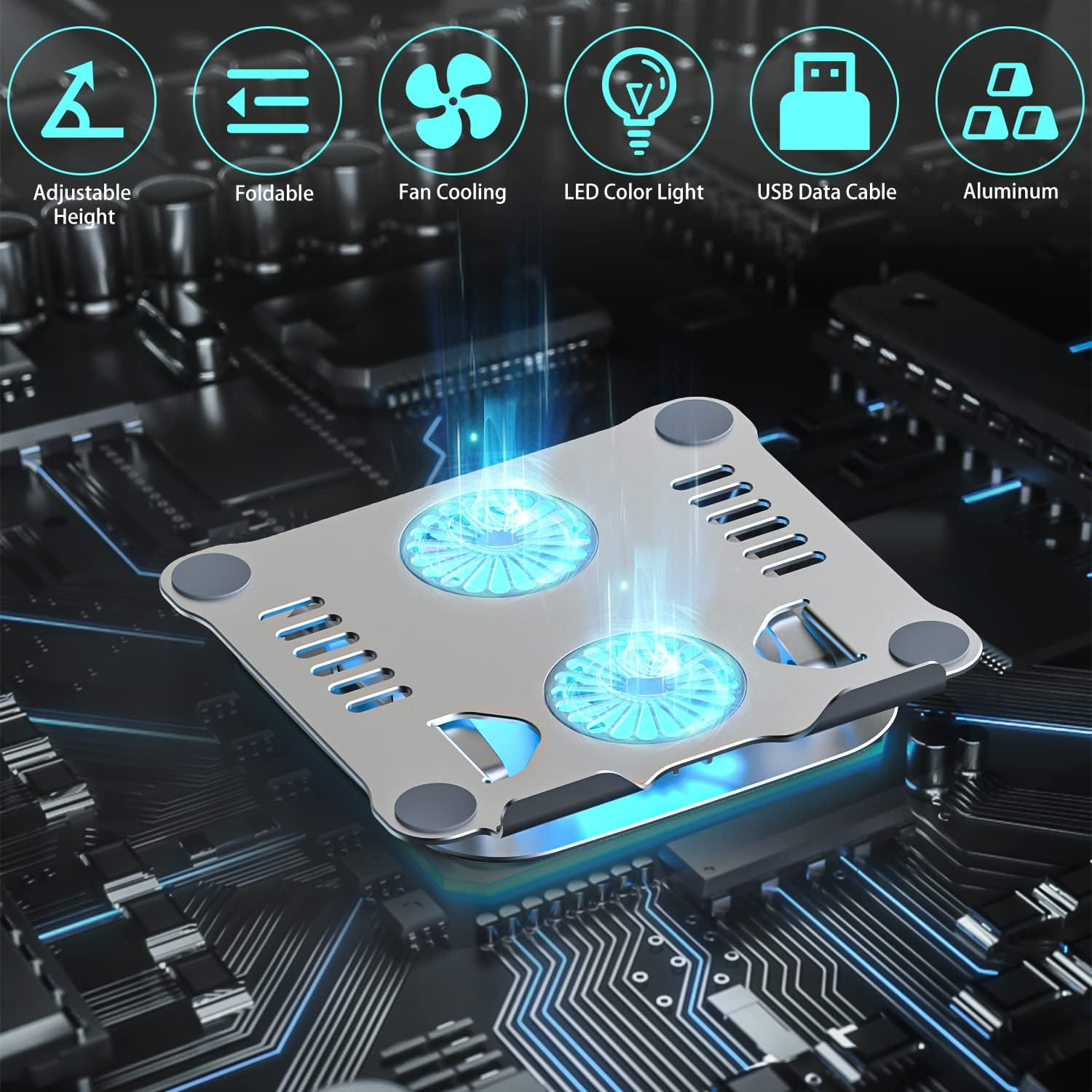 Ein Laptop-Kühlpad aus Metall mit zwei blau leuchtenden Lüftern auf einer dunklen Computer-Hauptplatine.