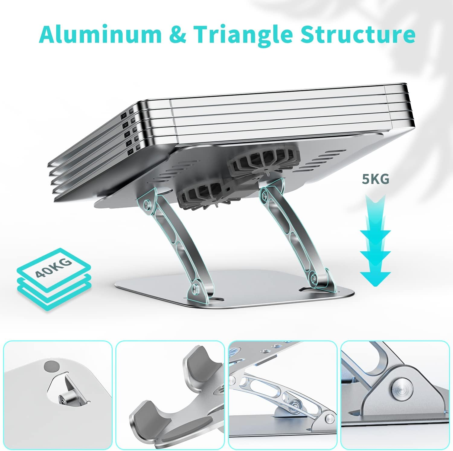 Aluminium-Laptopständer mit dreieckiger Struktur und Kühlgebläse, unten vier Detailbilder.