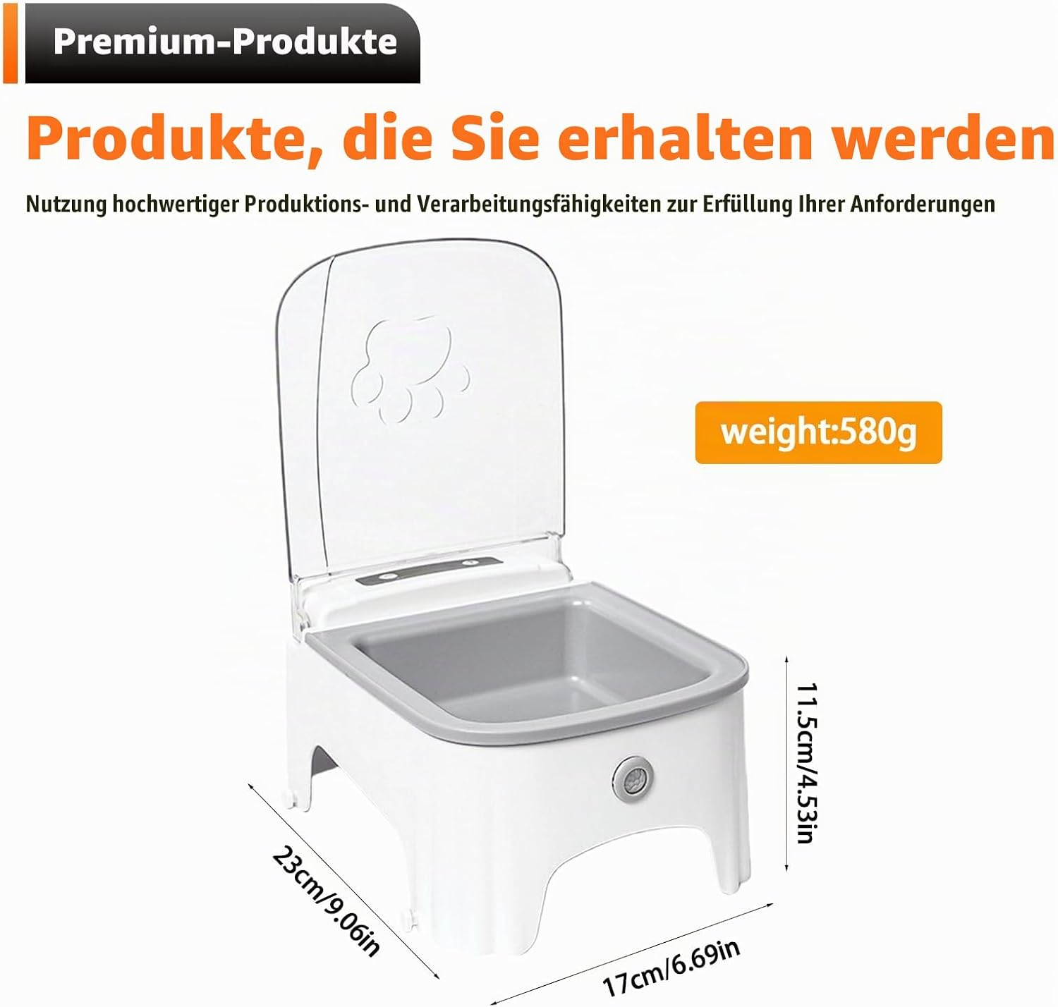 Weißer automatischer Futterautomat mit grauer Schüssel, klarem Deckel und Maßangaben.