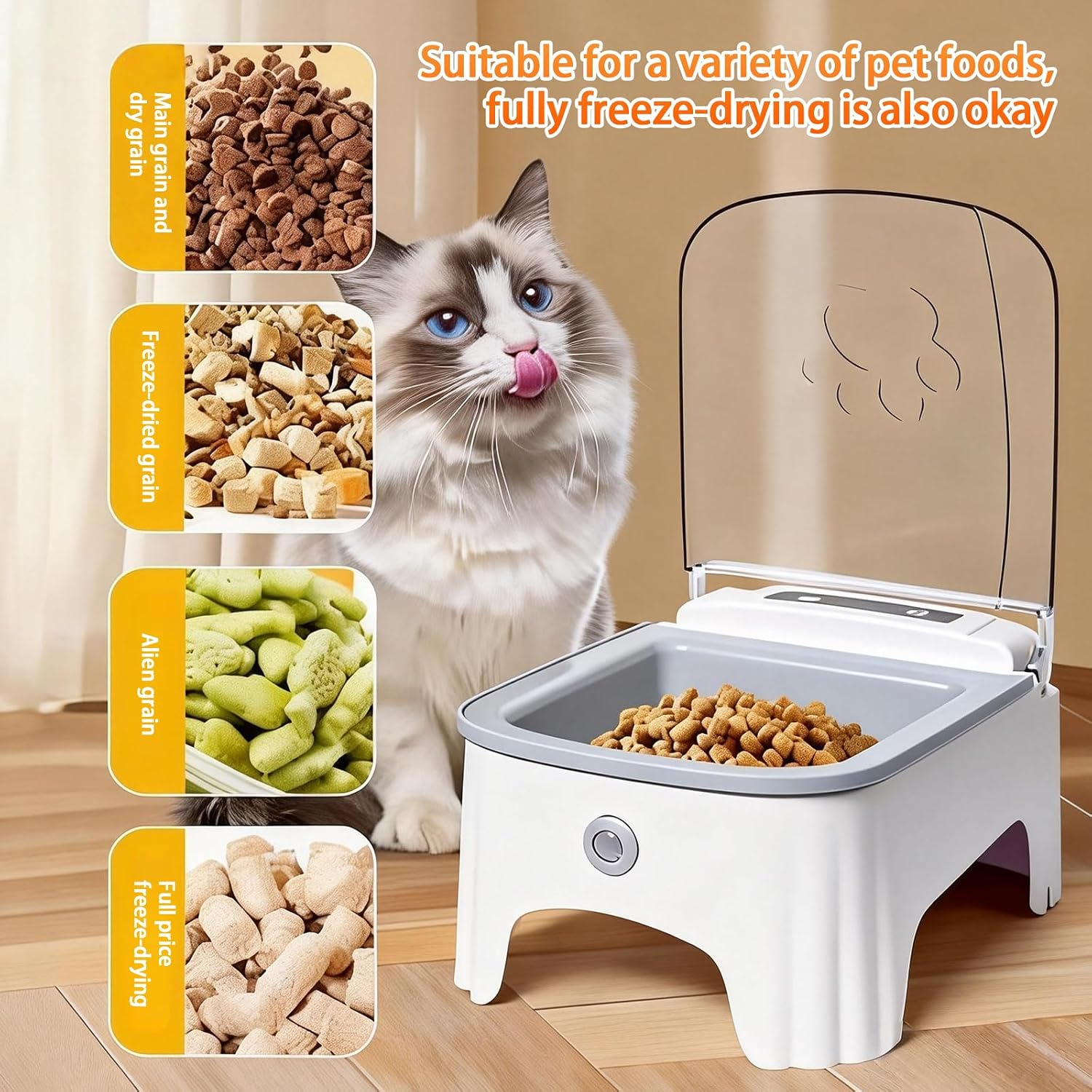 Eine Katze leckt sich das Maul neben einem automatischen Futterautomaten mit verschiedenen Futterarten auf der linken Seite.