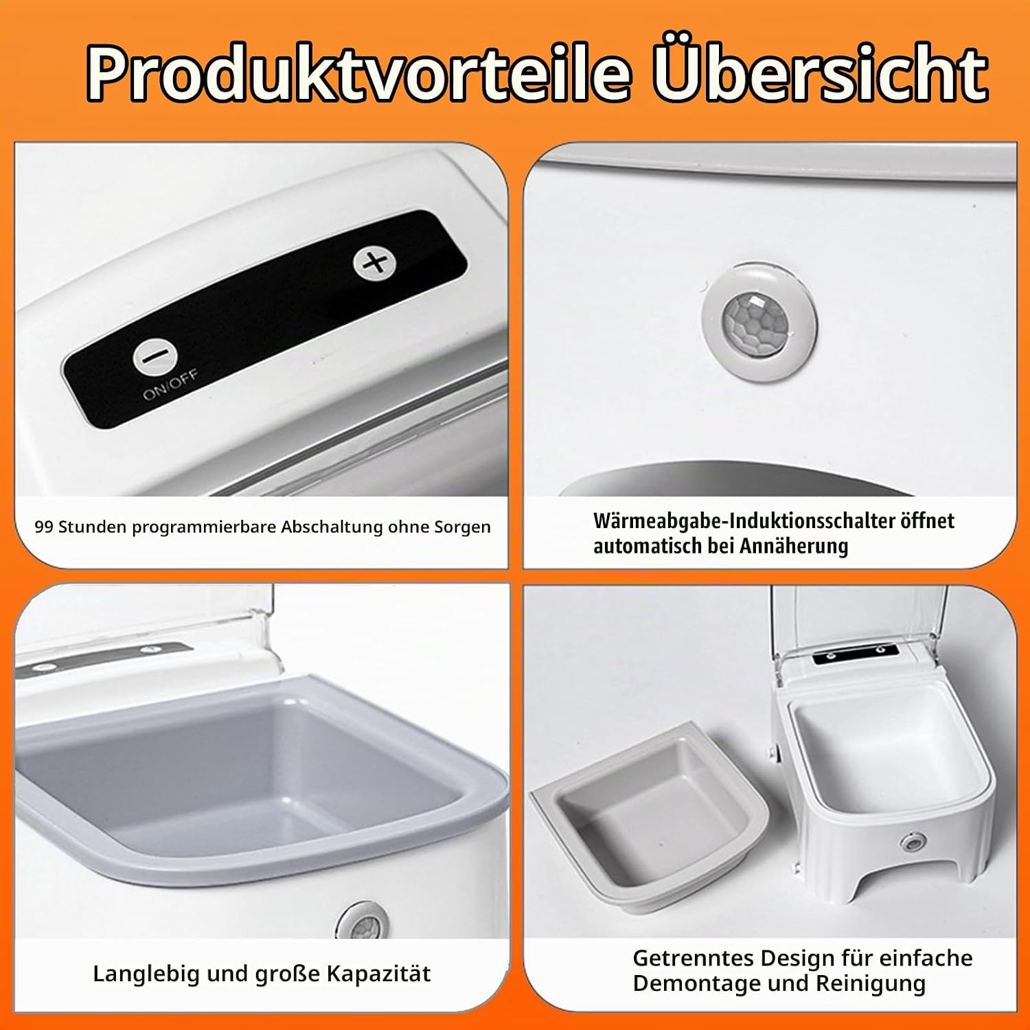 Vier Bilder zeigen Produktvorteile einer automatischen Tierfutterbox mit Sensor und Display.
