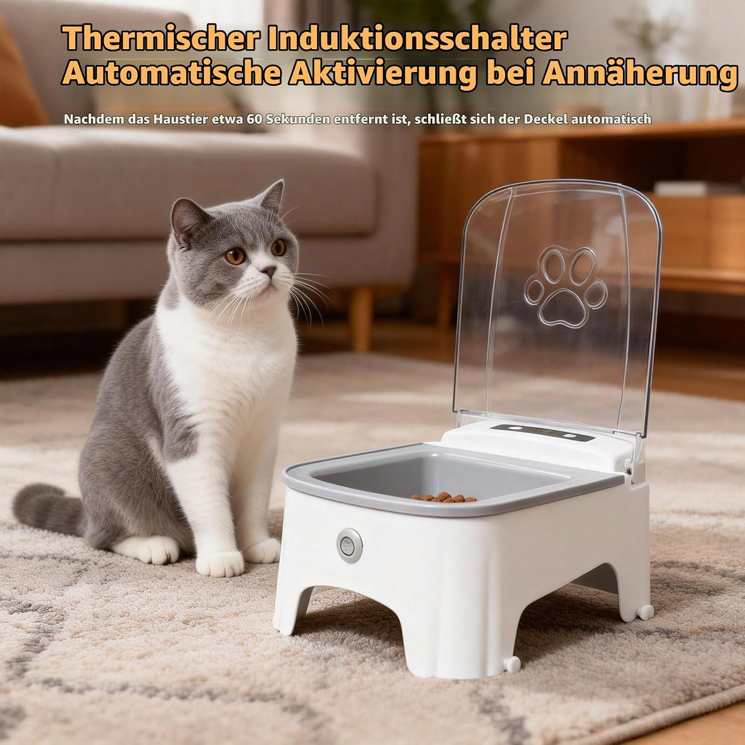 Eine graurosa Katze sitzt neben einem automatischen Fressnapf mit offenem transparentem Deckel.