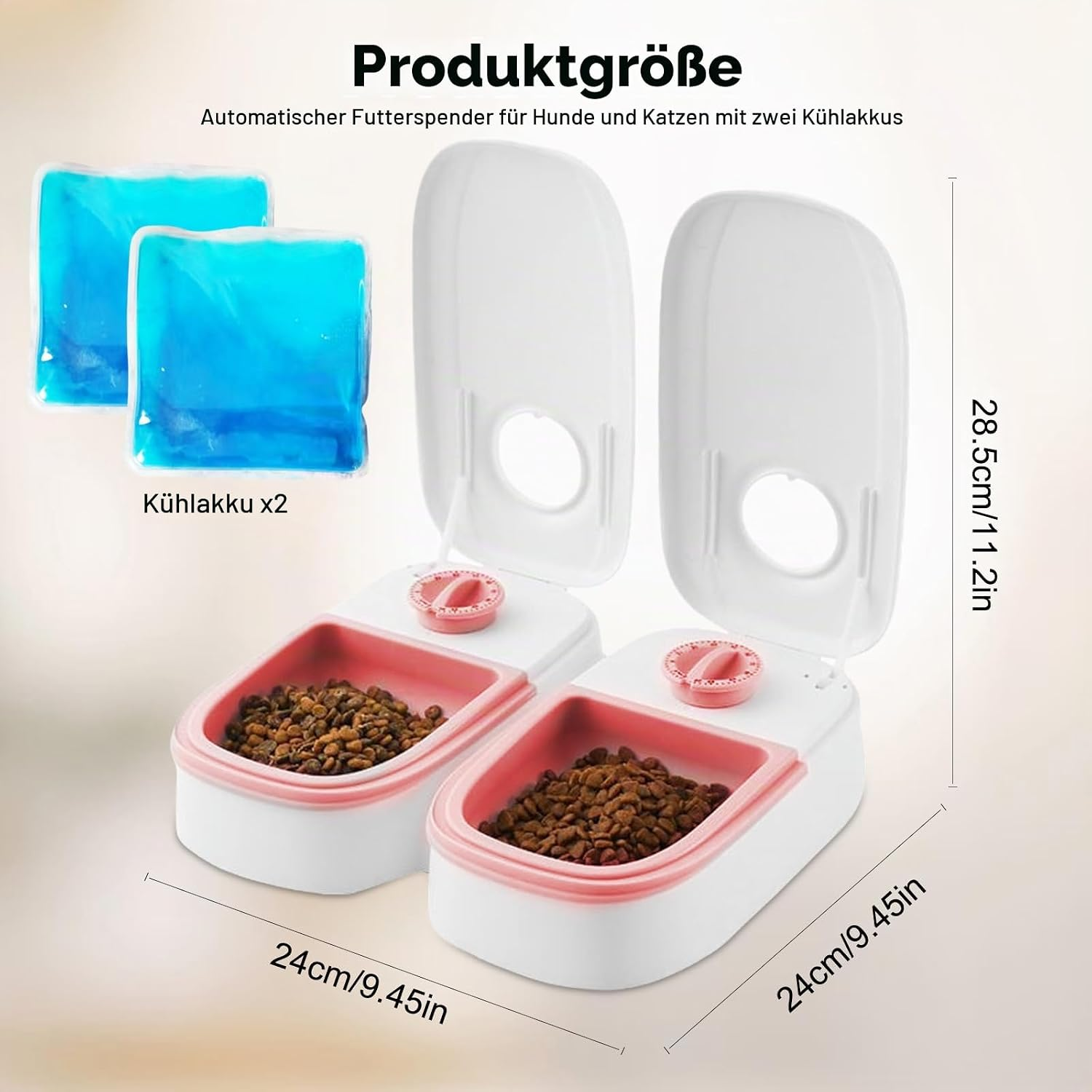 Doppelter automatischer Futterautomat mit rosa Schüsseln, Timern, offenen Deckeln und zwei blauen Kühlakkus.