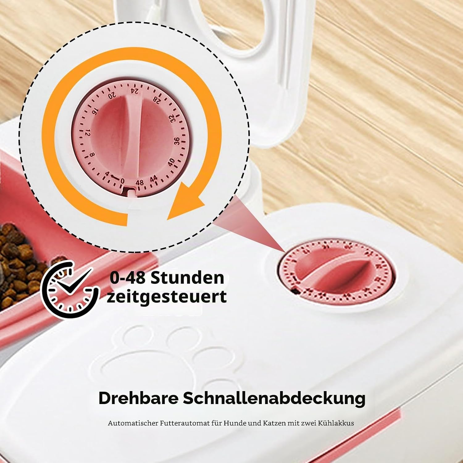 Ein weiß-rosa automatischer Futtautomat mit einem roten 0-48 Stunden Timer-Drehknopf und Hundepfoten-Motiv.