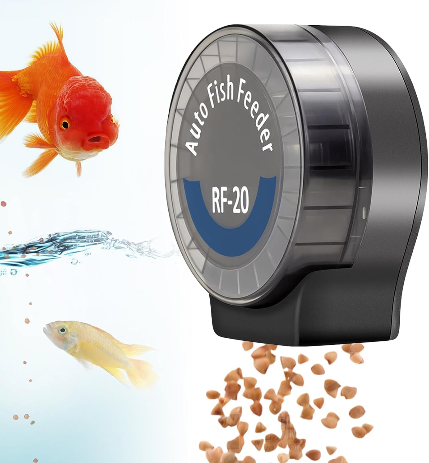 Ein automatischer Fische Futterspender RF-20 gibt Futter in ein Aquarium mit zwei Fischen aus.