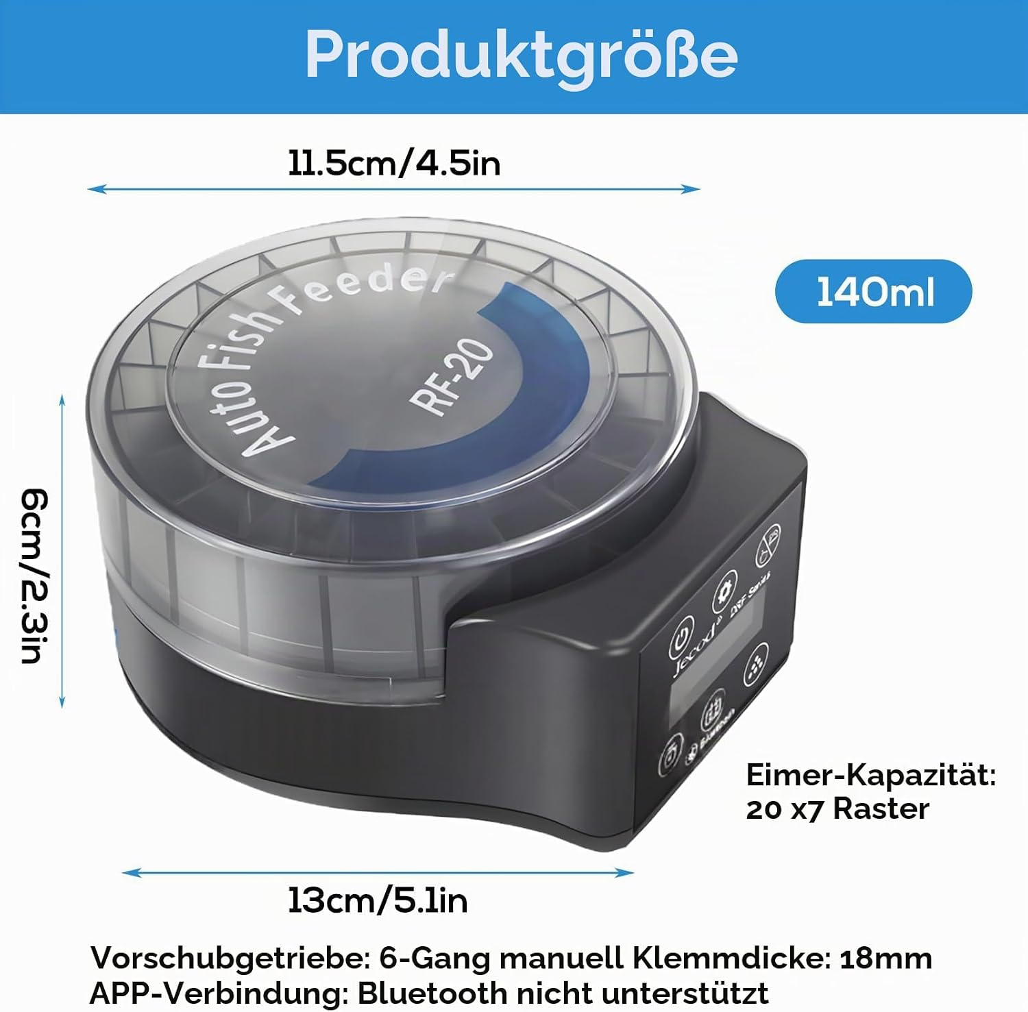 Maße und Details des schwarzen automatischen Fischfütterers mit 140ml Kapazität, 11.5cm Breite, 6cm Höhe und 13cm Länge.